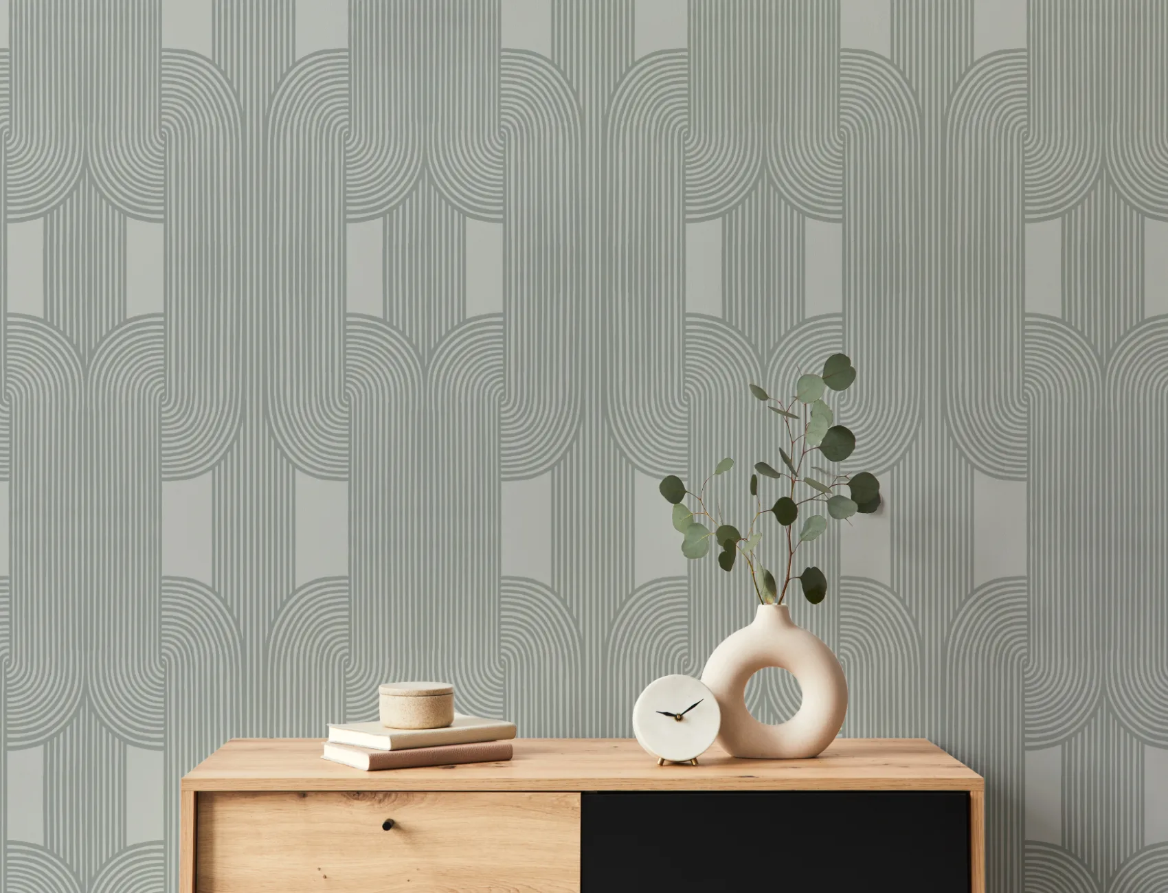 Papier Peint Vert à Motifs de Lignes Courbes Entrelacées