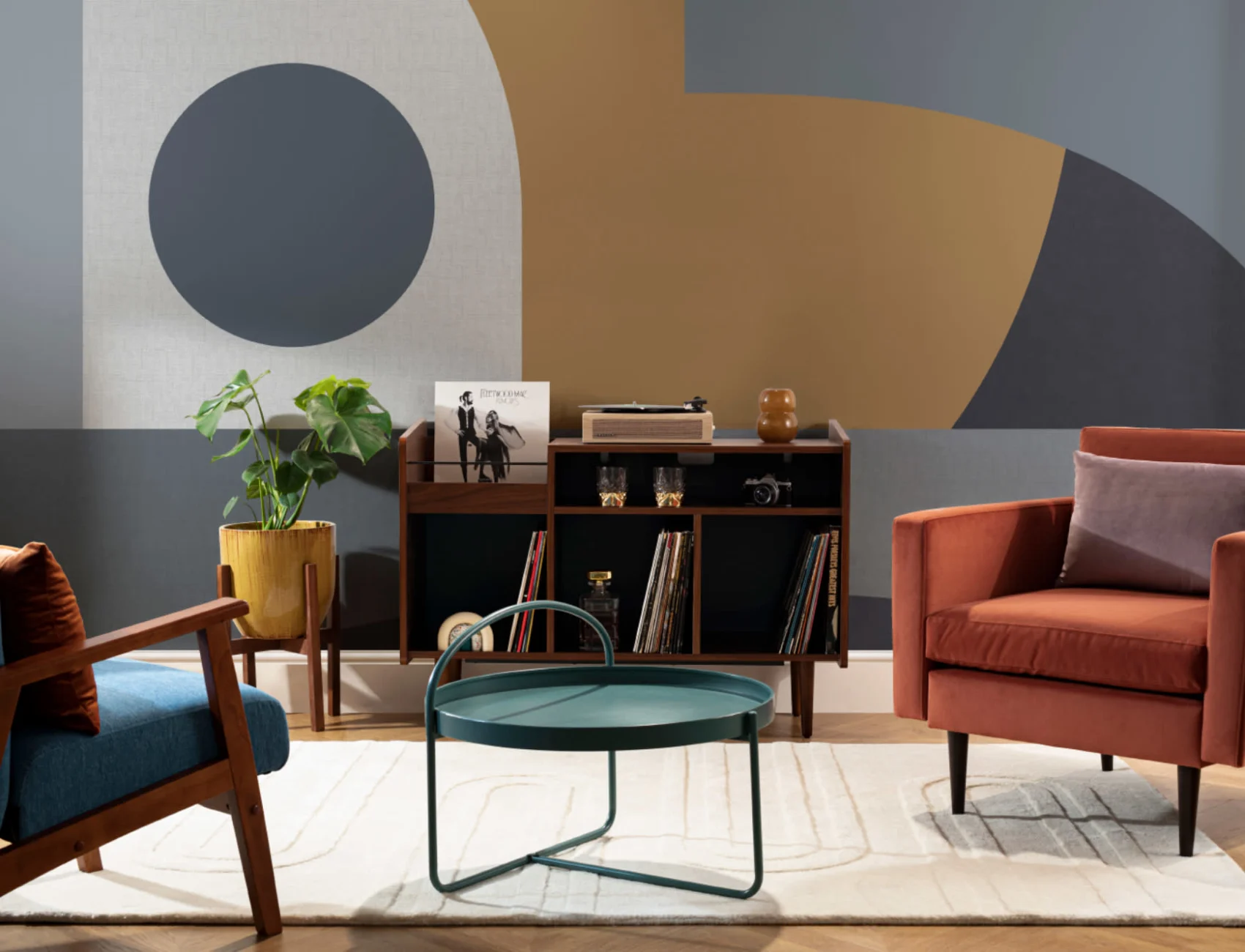 Blue & Mustard Mid-Century Geometric Collage Wall Mural