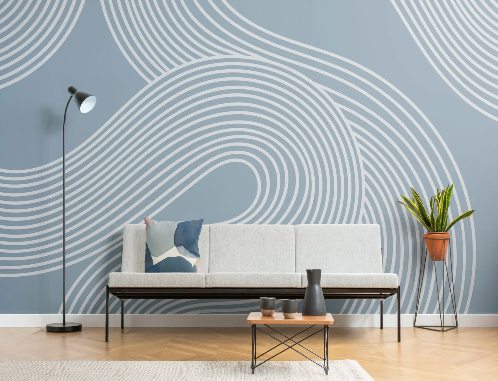 Blue Curvy Lines Zen Garden Pattern Mural