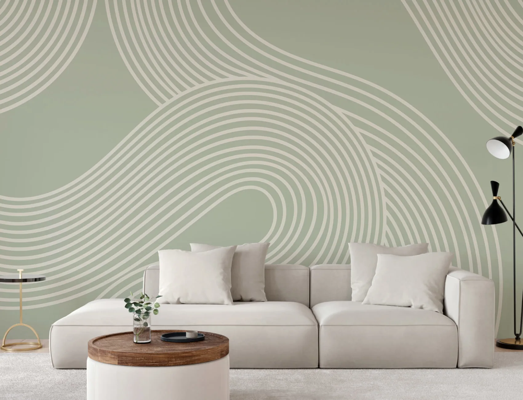 Green Curvy Lines Zen Garden Pattern Mural