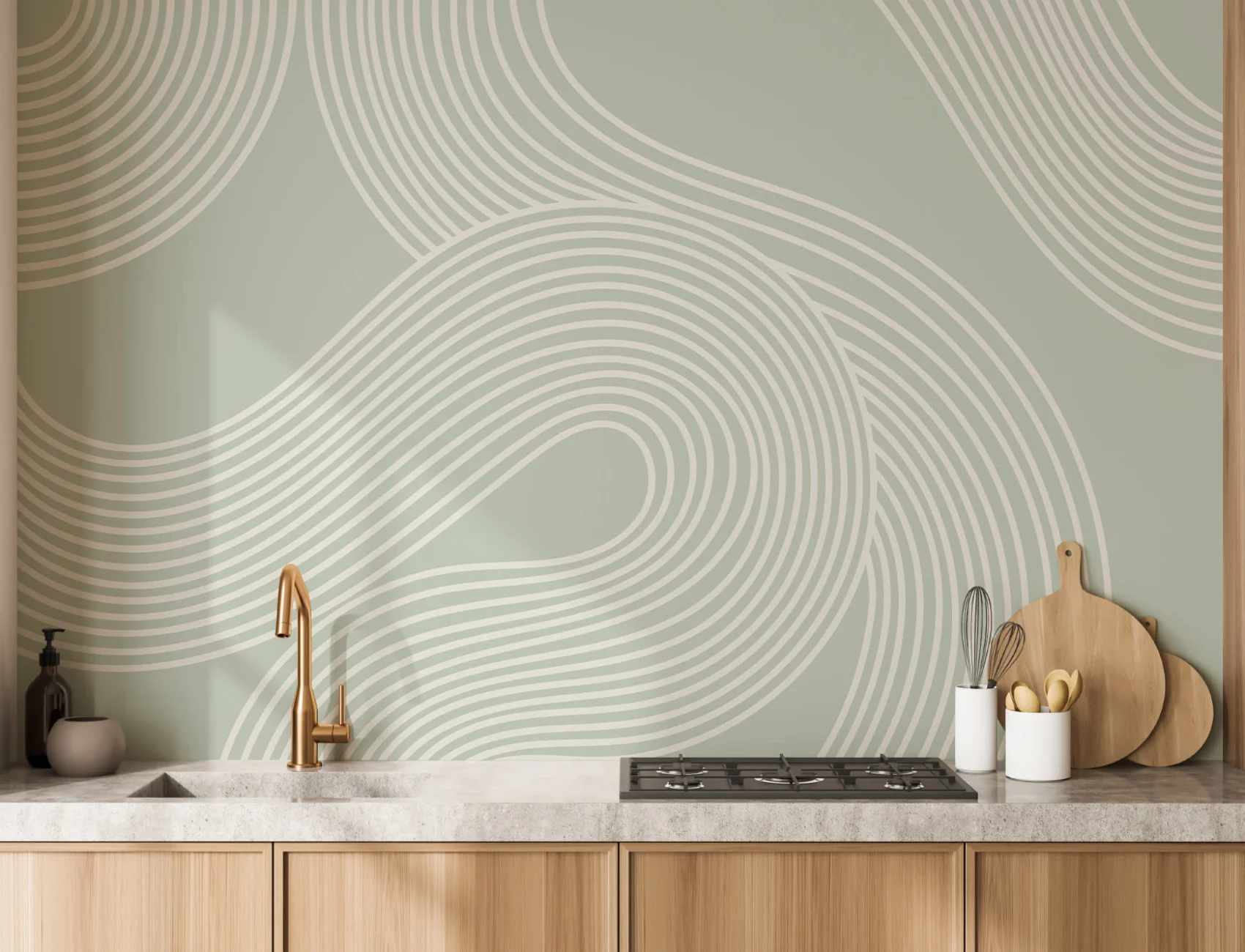 Green Curvy Lines Zen Garden Pattern Mural