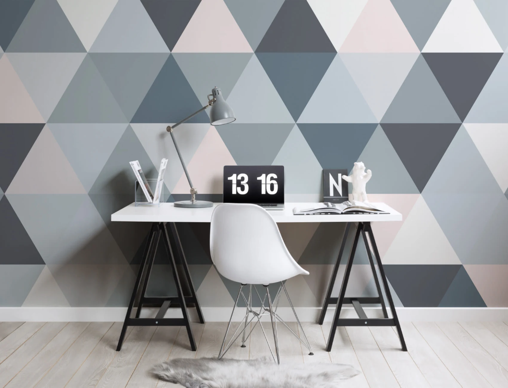 Gray & Pink Geometric Triangle Pattern Wallpaper Mural