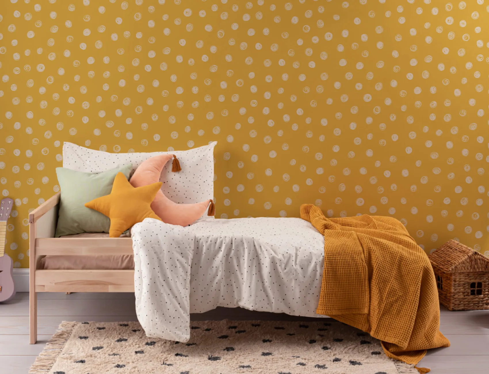 Yellow Illustrated Polka Dot Wallpaper Mural
