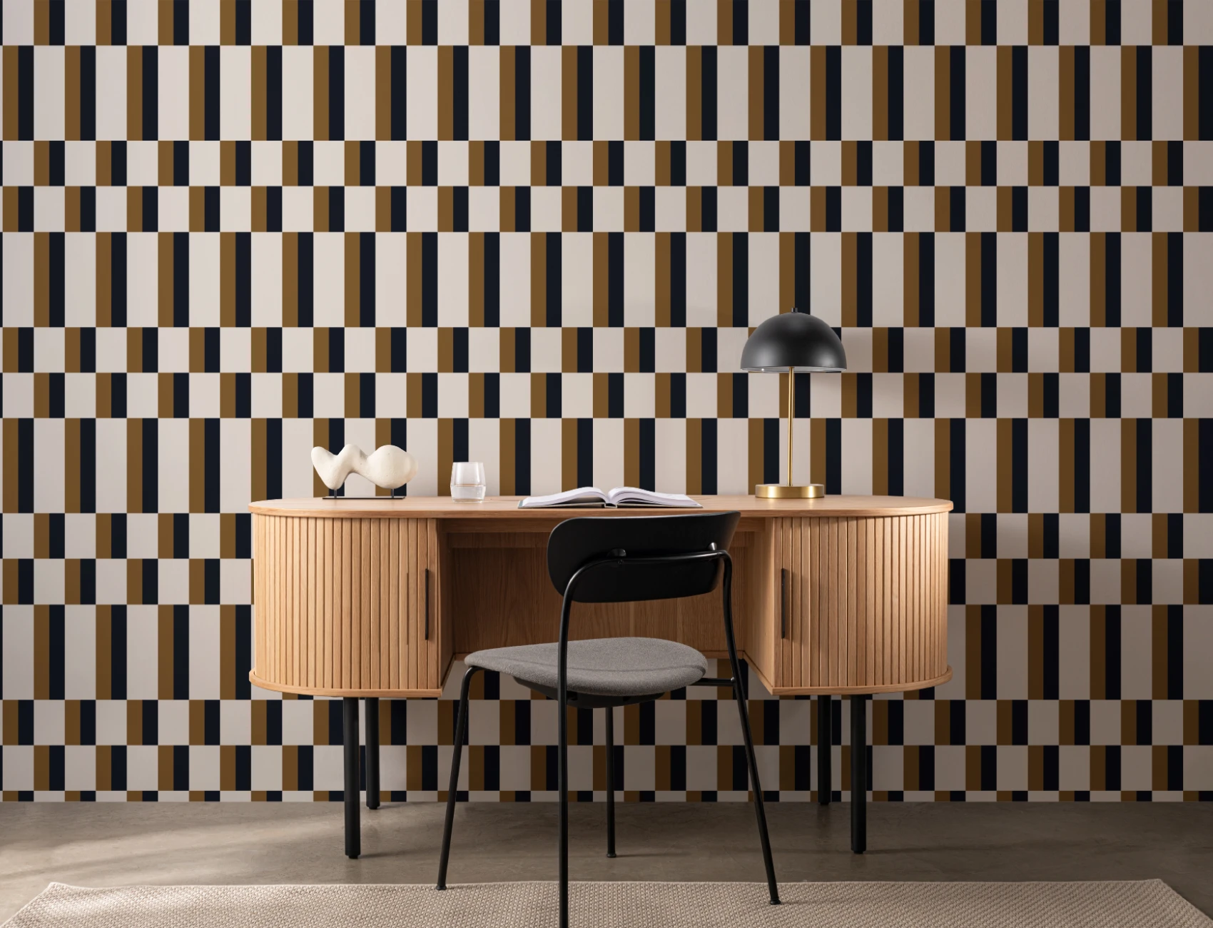 Mustard and Navy Bauhaus Geometric Retro Repeat Pattern Wallpaper
