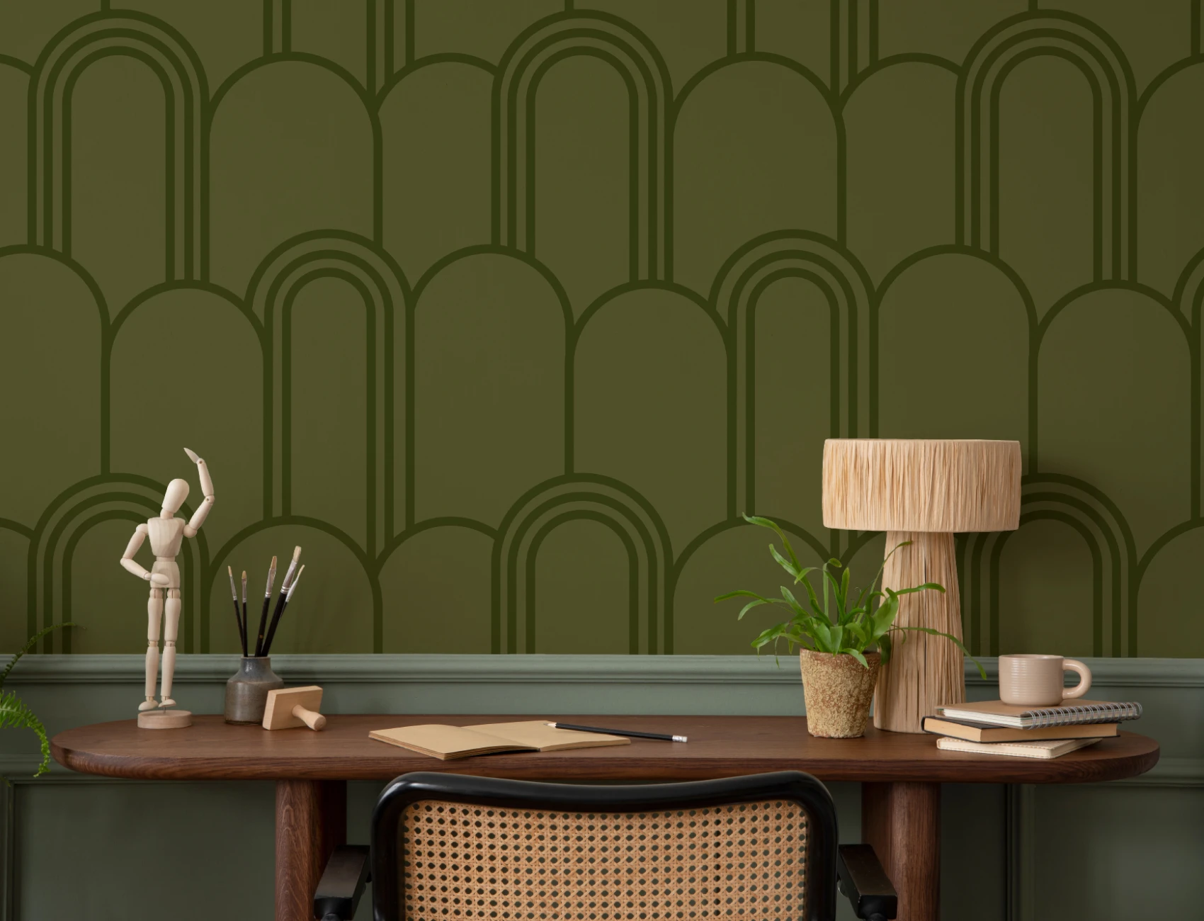 Green Art Deco Arch Repeat Pattern Wallpaper