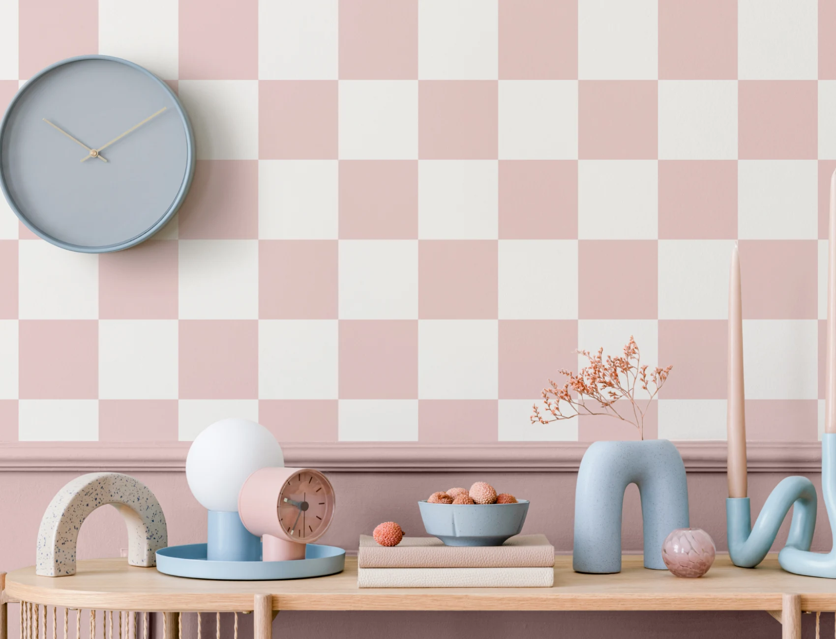 Papier Peint Damier à Motifs Répétés en Blanc et Rose