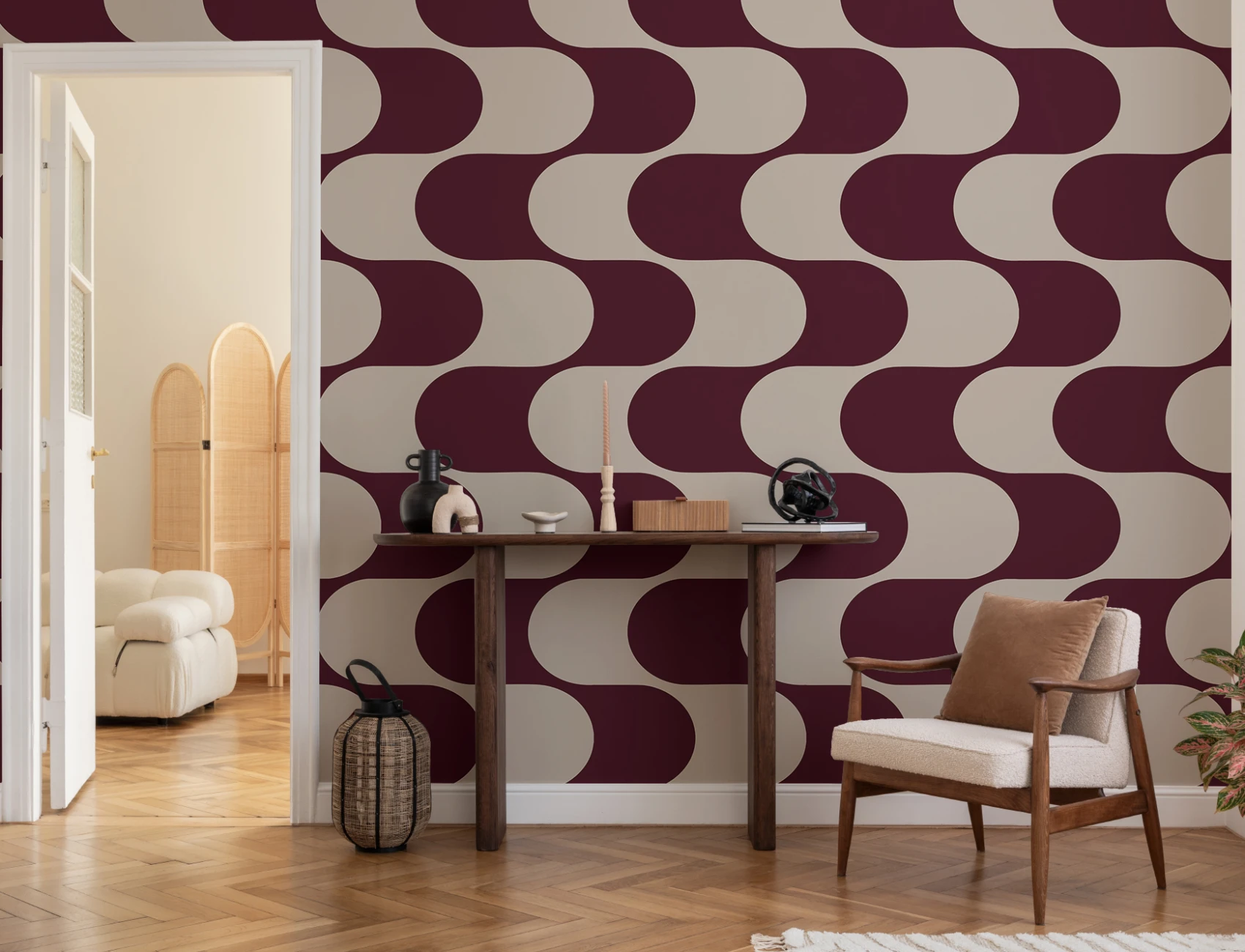 Burgundy Golfpatroon Geometrische Feature Muurschildering