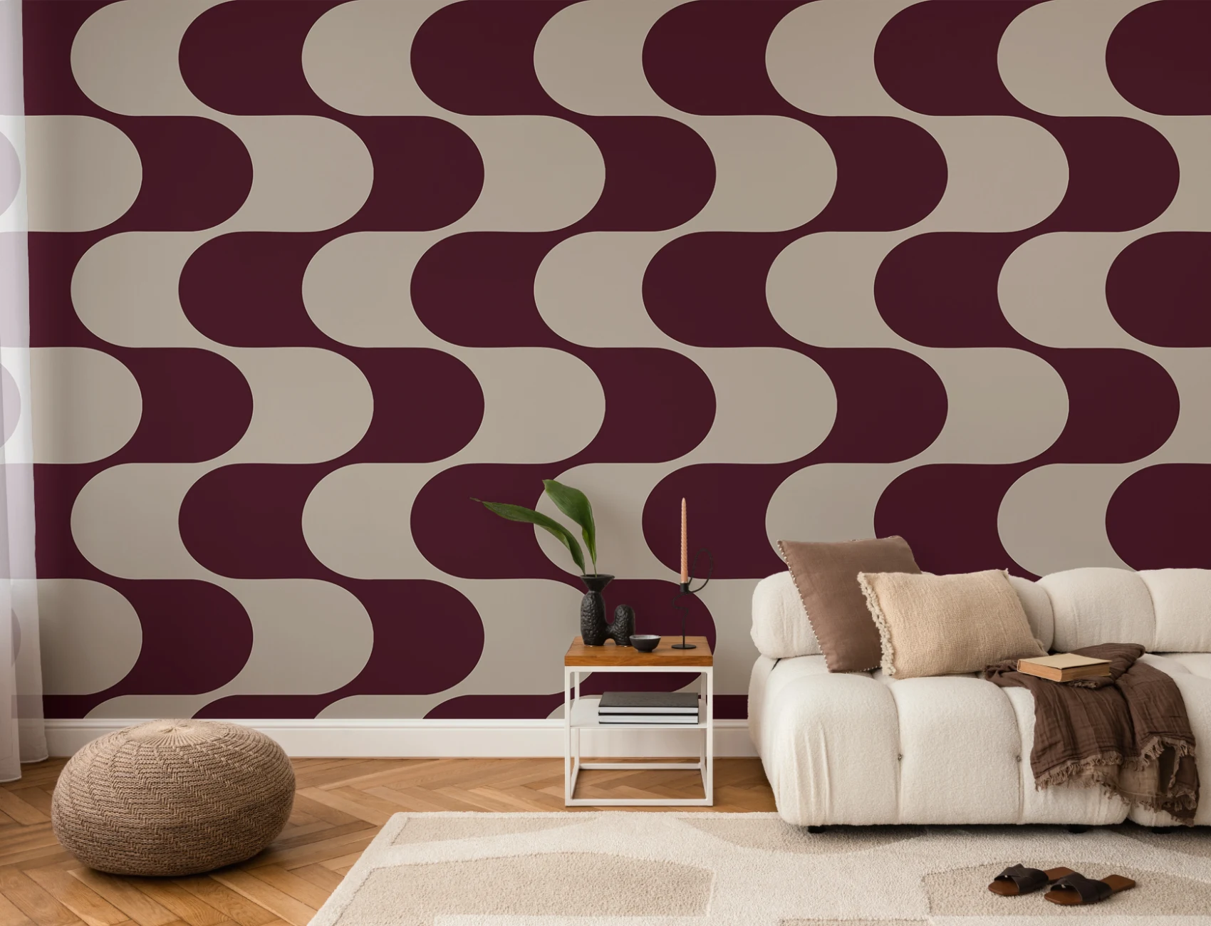 Burgundy Golfpatroon Geometrische Feature Muurschildering