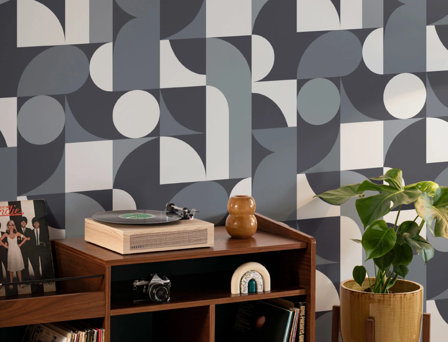 Blue Mid-Century Geometric Collage Wall Mural