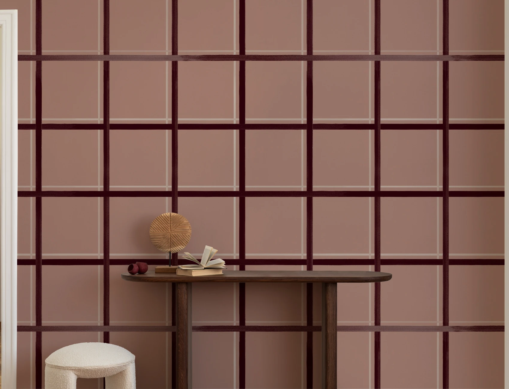 Bordeaux geometrisch geruit patroon muurschildering ontwerp