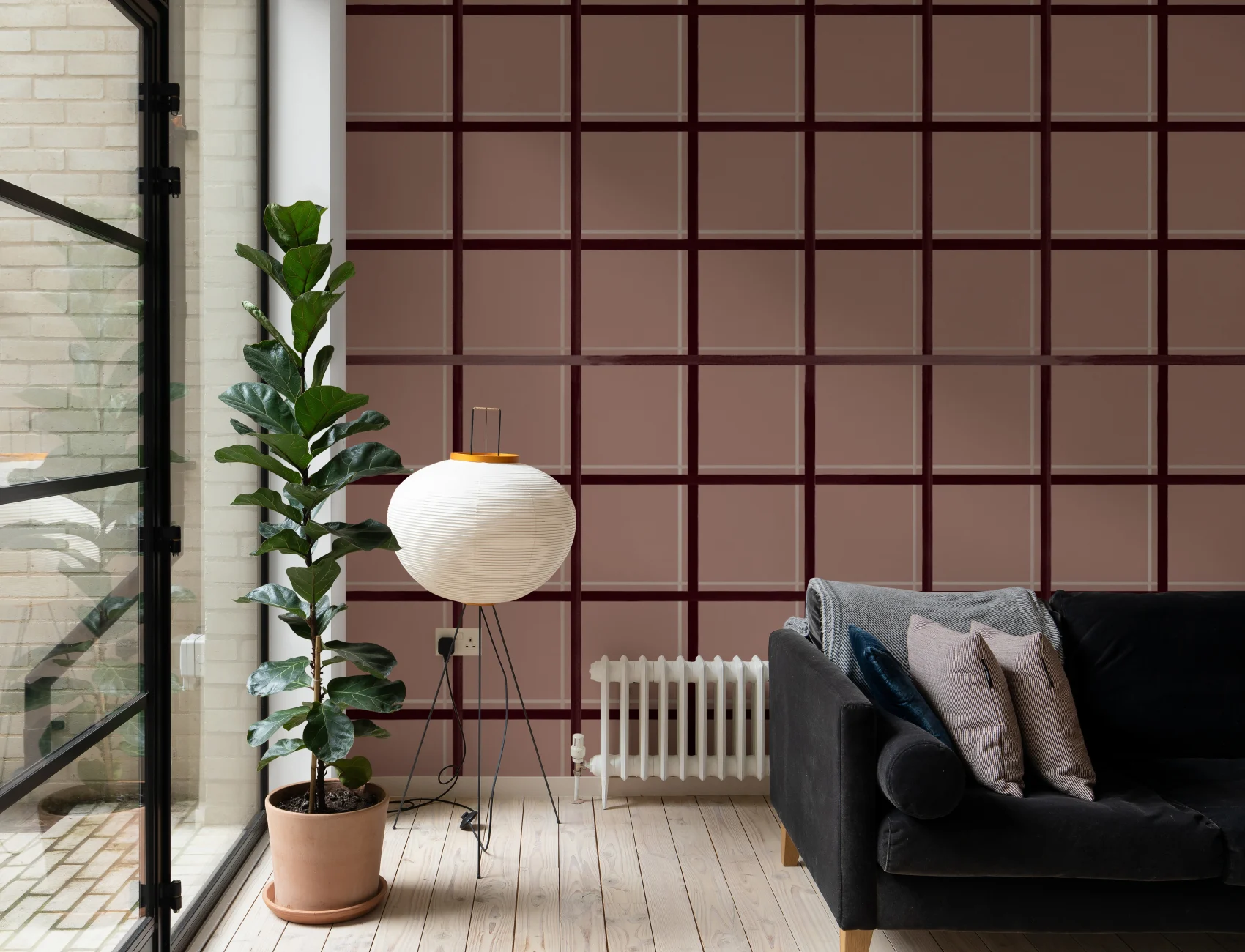 Bordeaux geometrisch geruit patroon muurschildering ontwerp