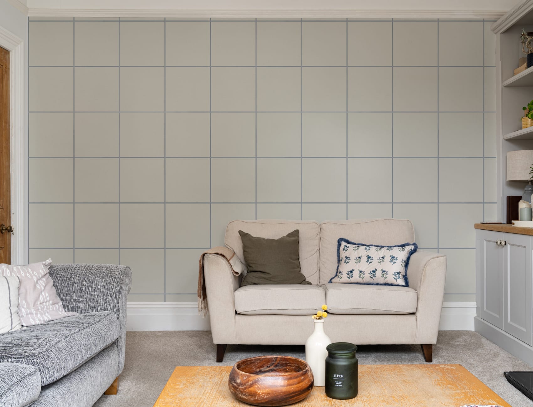 Rustige beige en marineblauwe rasterpatroon muurschildering