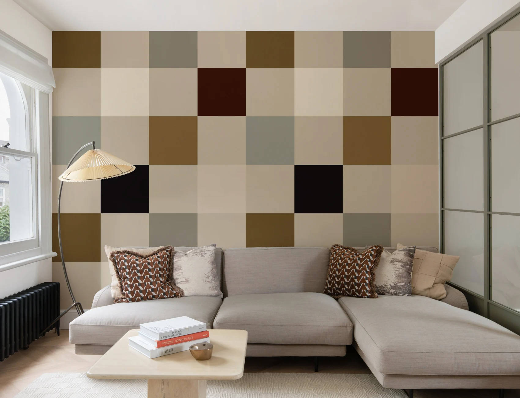 Veelkleurige beige geometrische geruite muurschildering