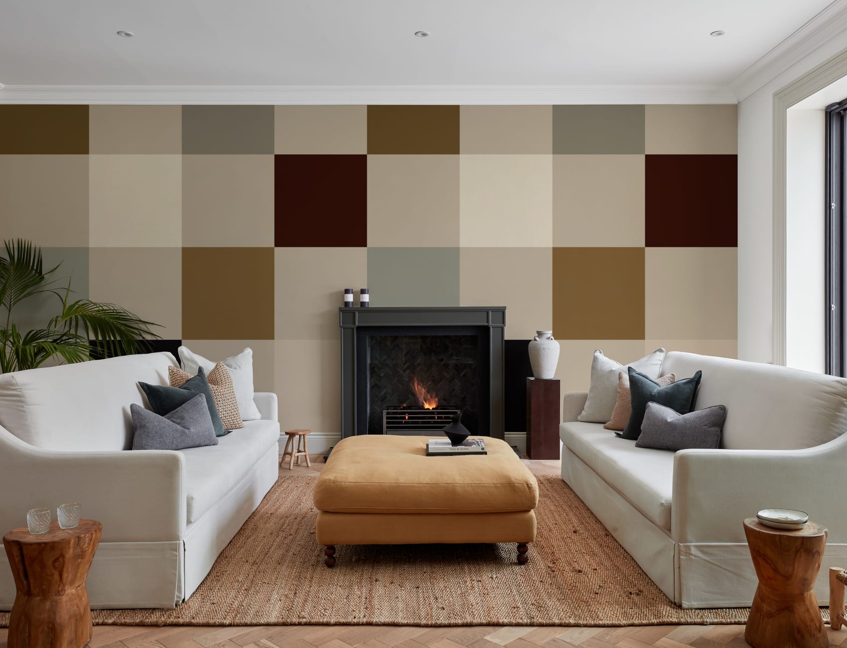 Veelkleurige beige geometrische geruite muurschildering