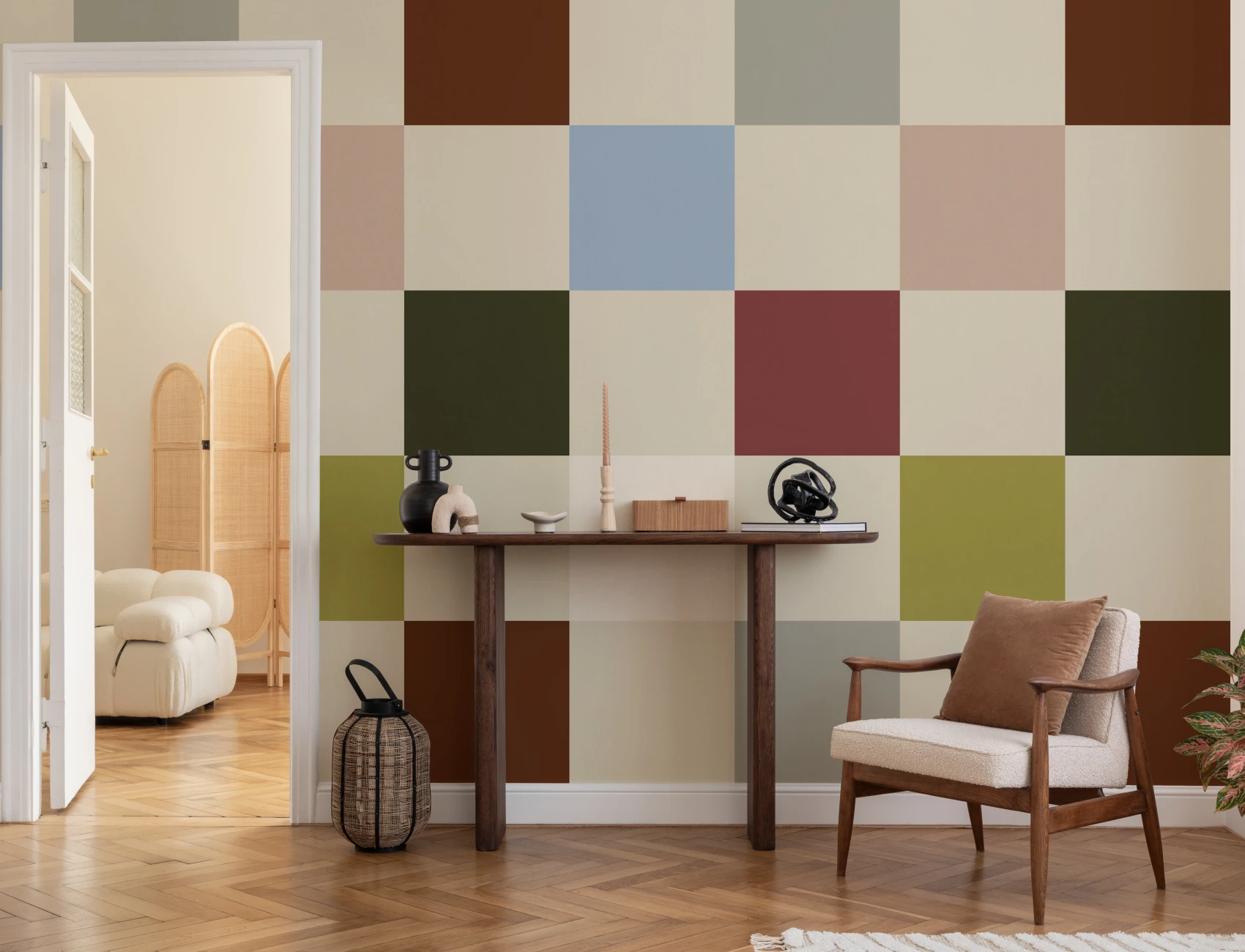 Veelkleurige retro geometrische geruite moderne muurschildering
