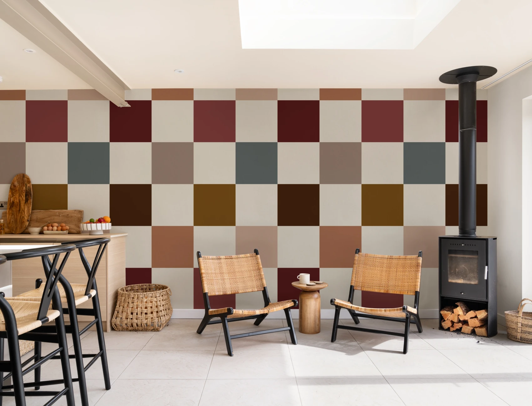 Veelkleurige chique geometrische muurschildering met ruitpatroon