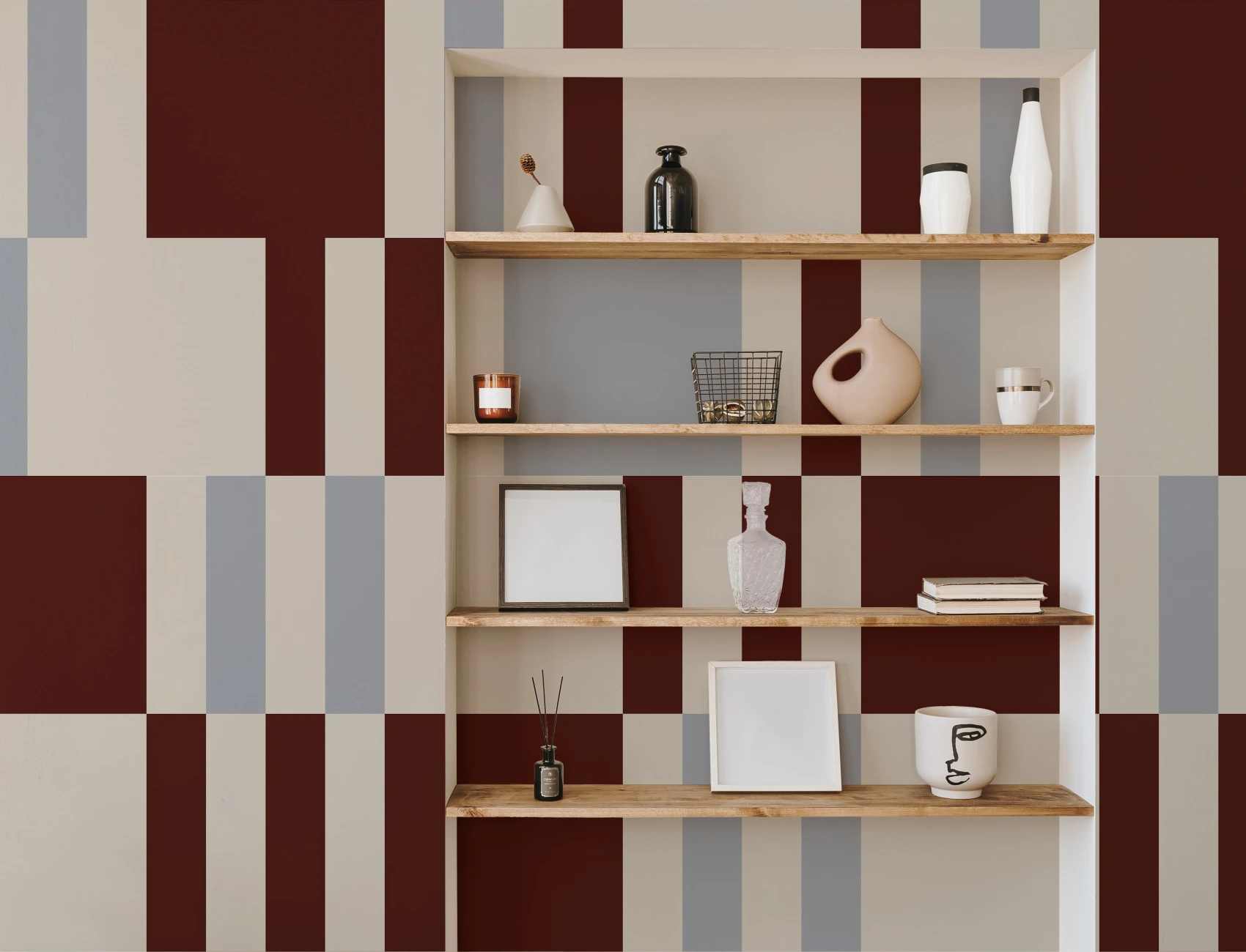 Bordeaux geometrisch abstract geruit patroon muurschildering