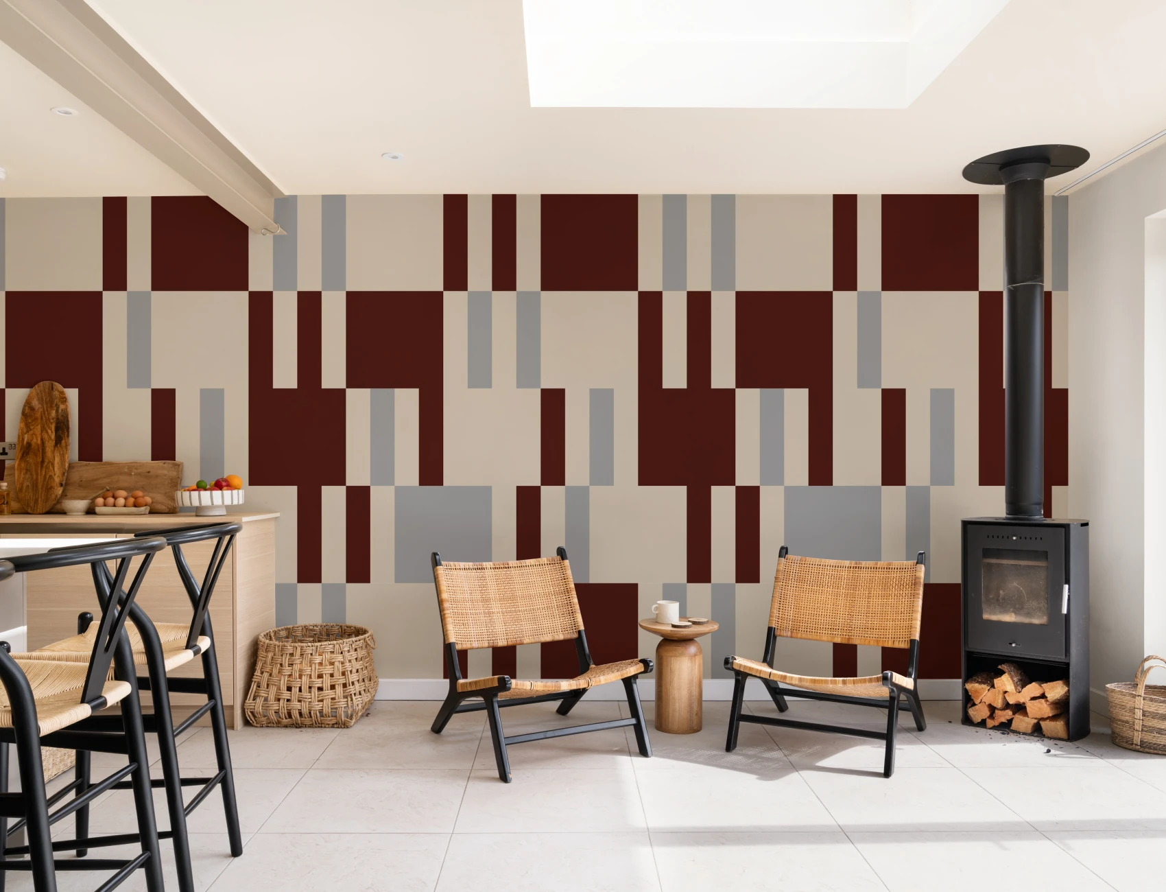 Bordeaux geometrisch abstract geruit patroon muurschildering