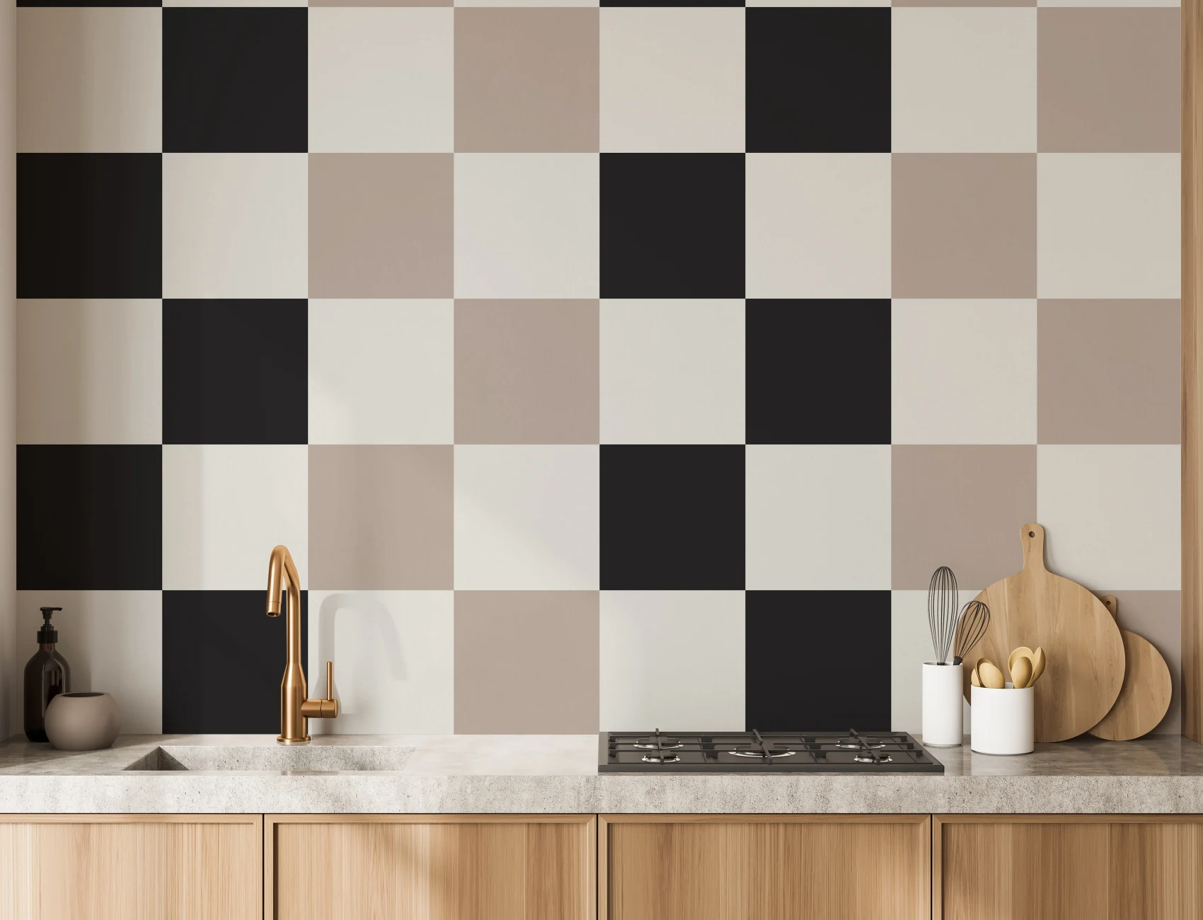 Neutral Checkerboard Geometric Wall Art Mural
