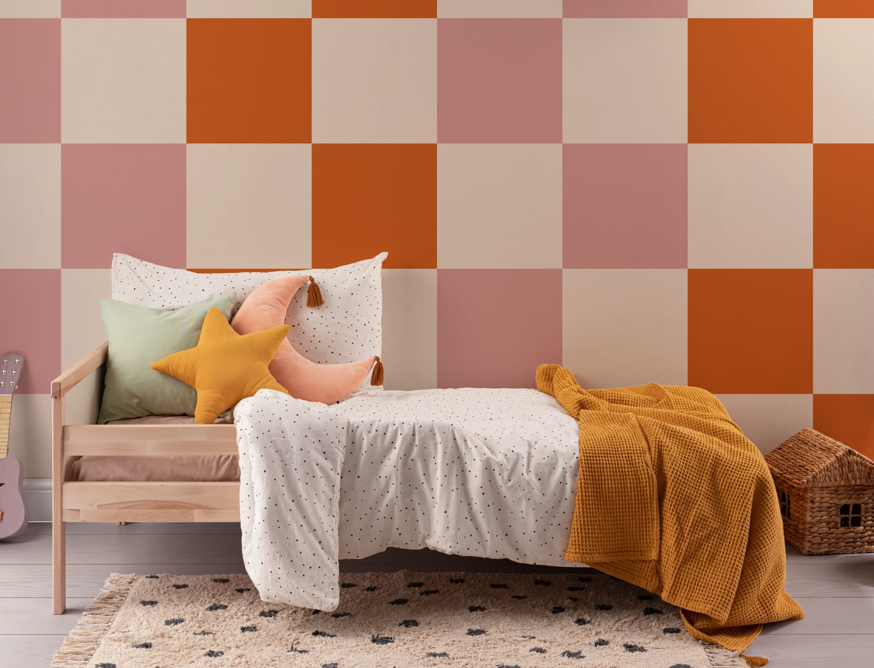 Mural retro aos quadrados em rosa e laranja