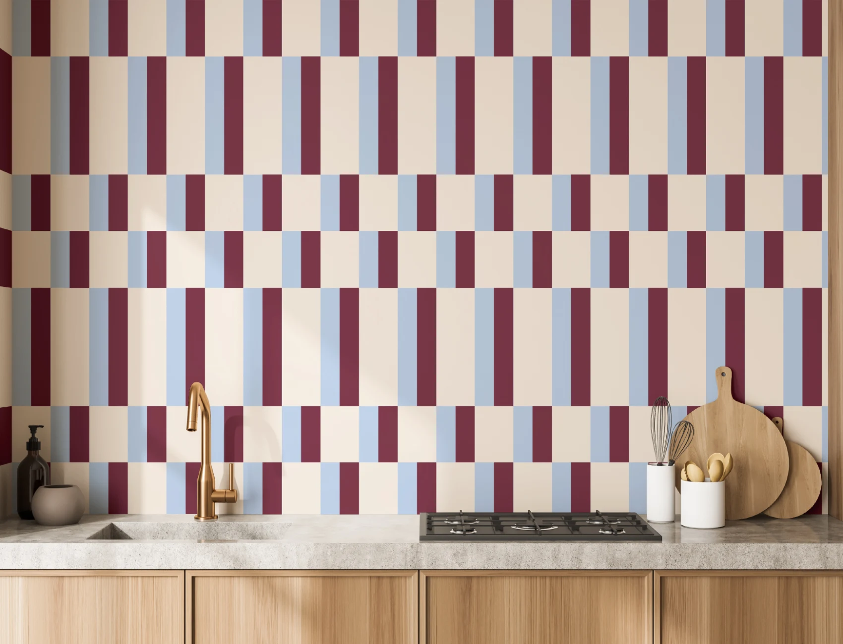 Blue & Burgundy Modern Geometric Bauhaus Wallpaper