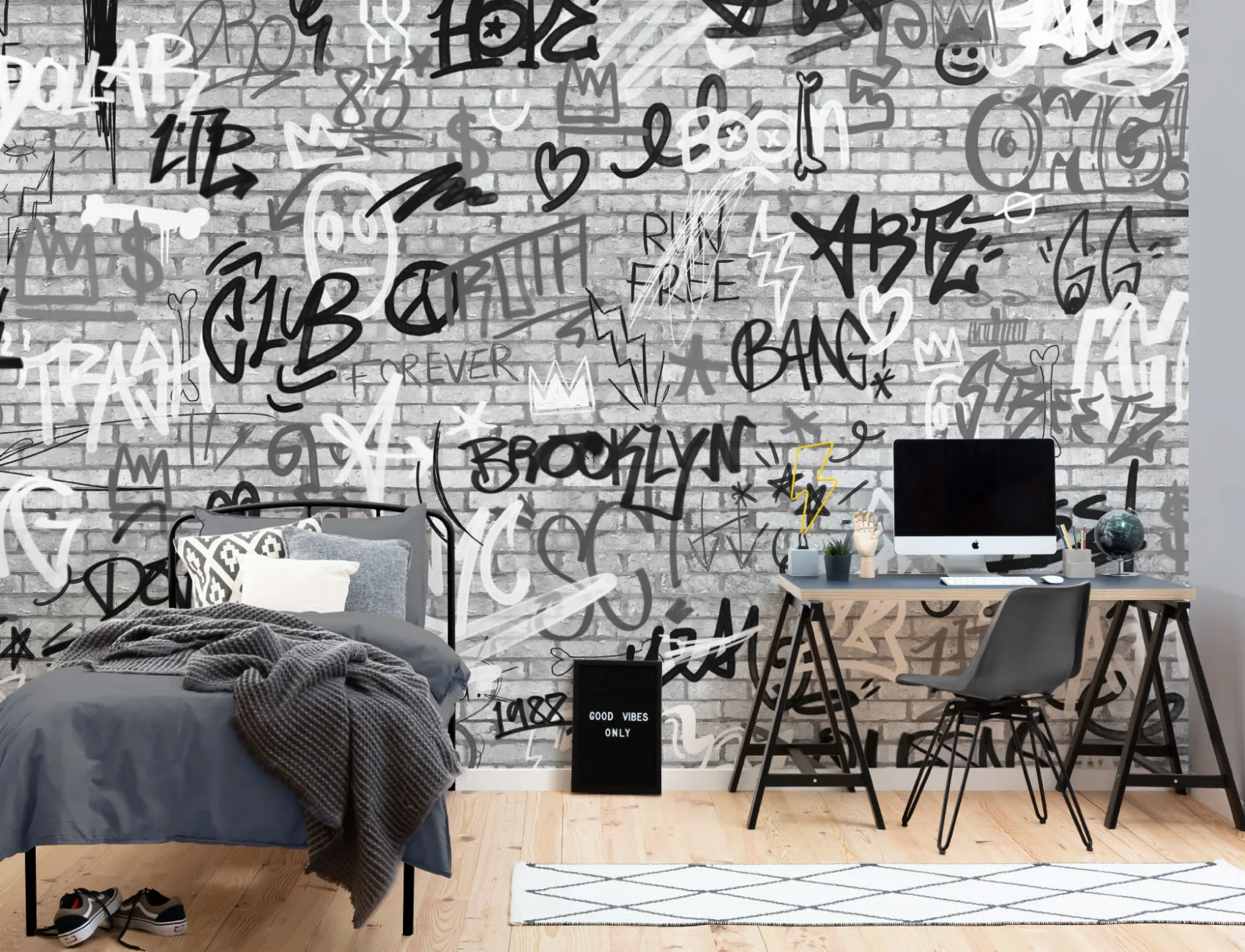 Monochrome NYC Graffiti Brick Wall Wallpaper Mural