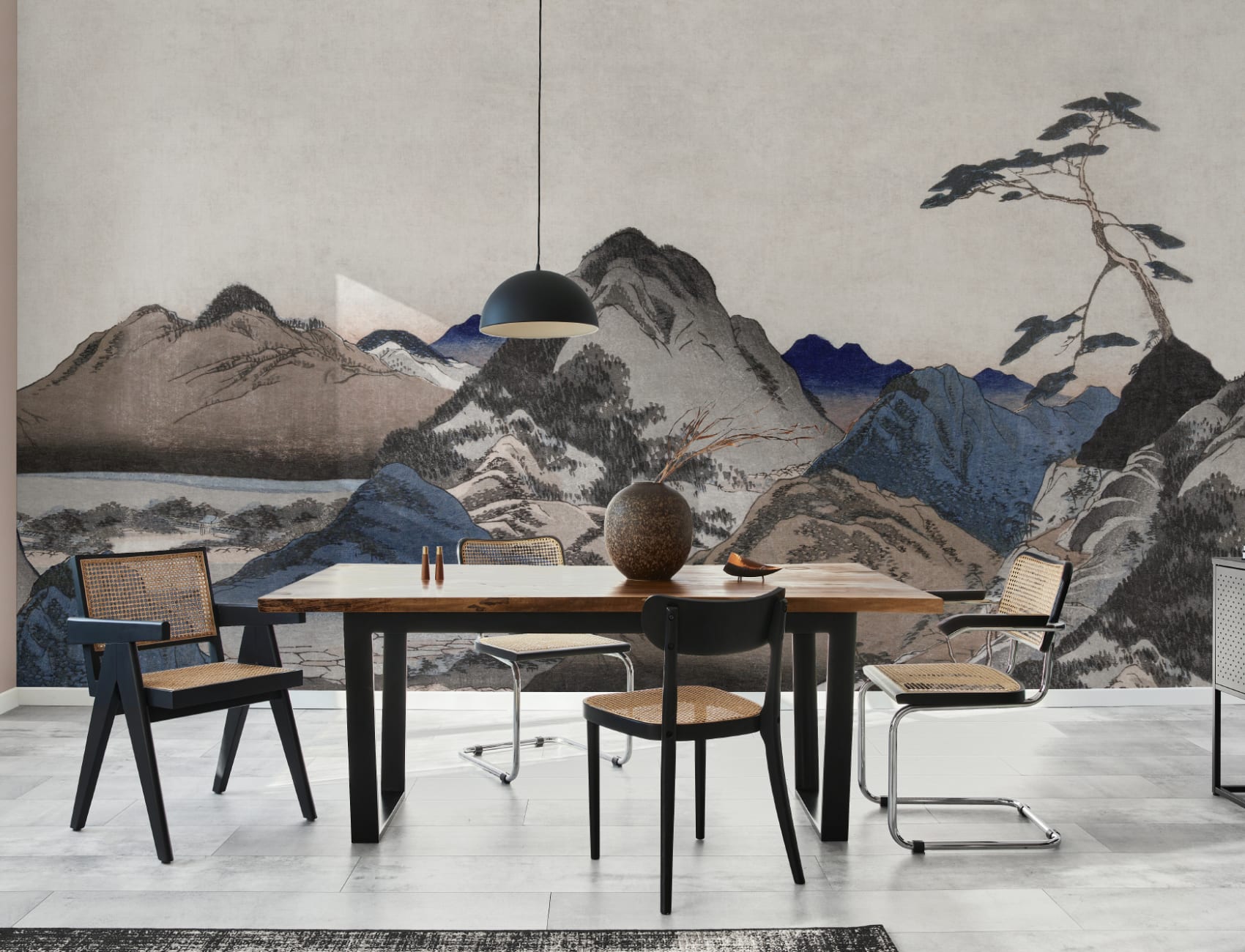 Mural de arte de montanha de paisagem japonesa bege e azul