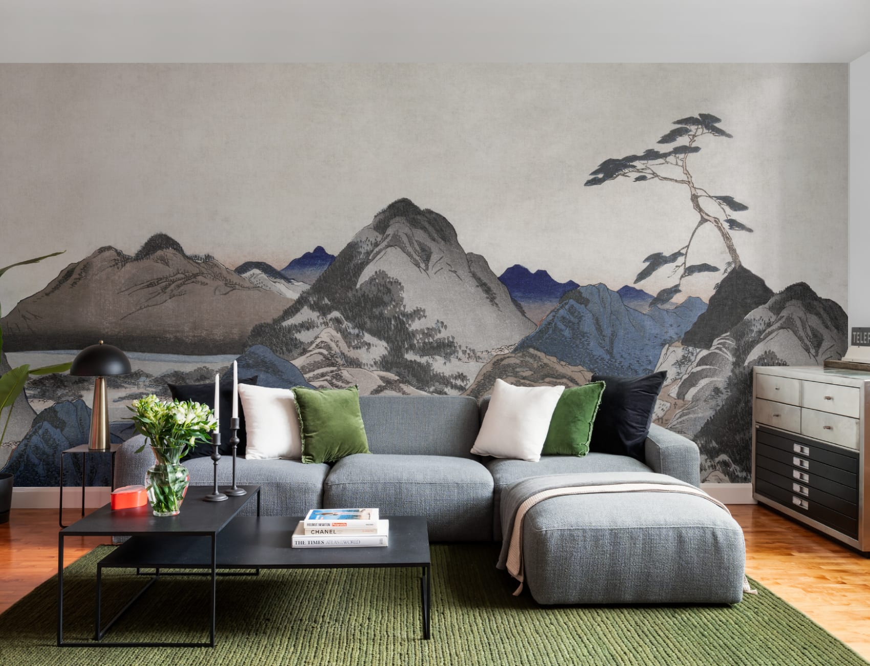 Mural de arte de montanha de paisagem japonesa bege e azul