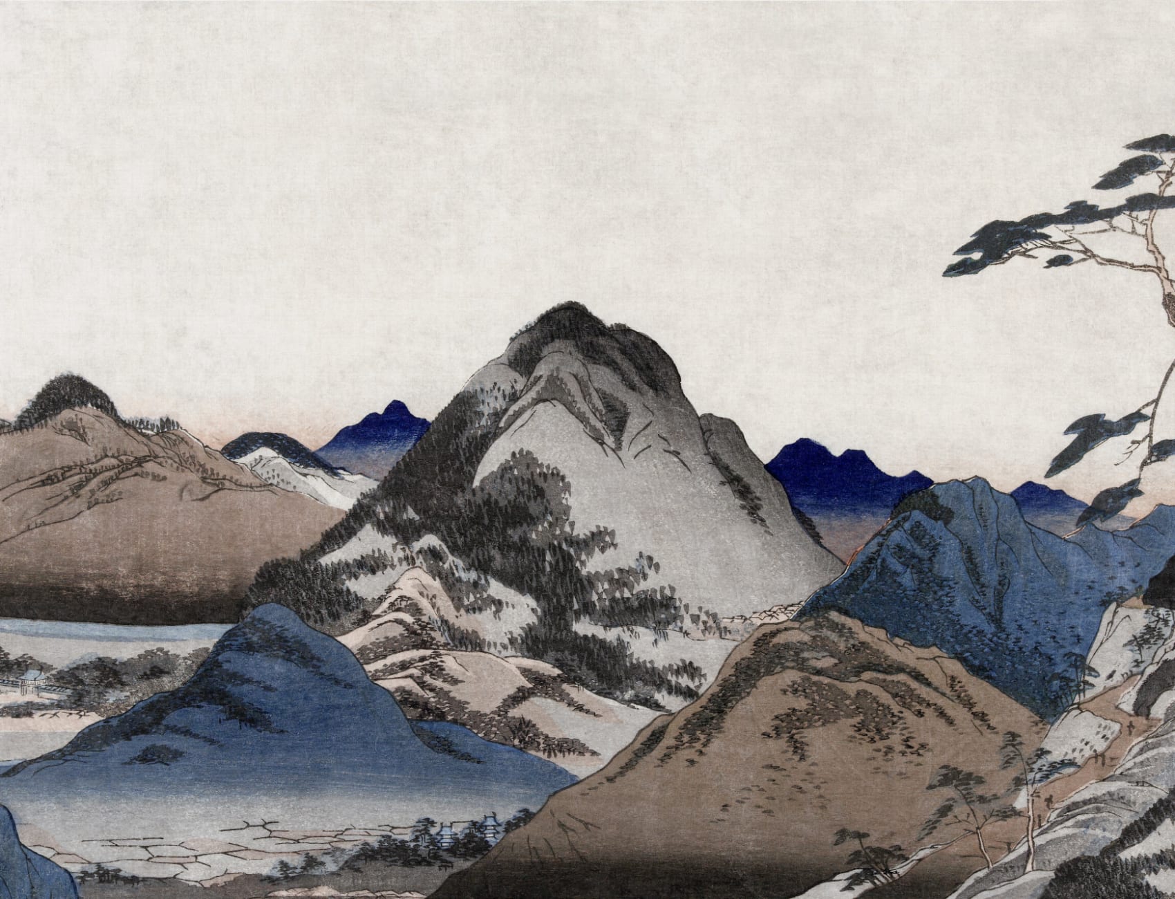 Mural de arte de montanha de paisagem japonesa bege e azul