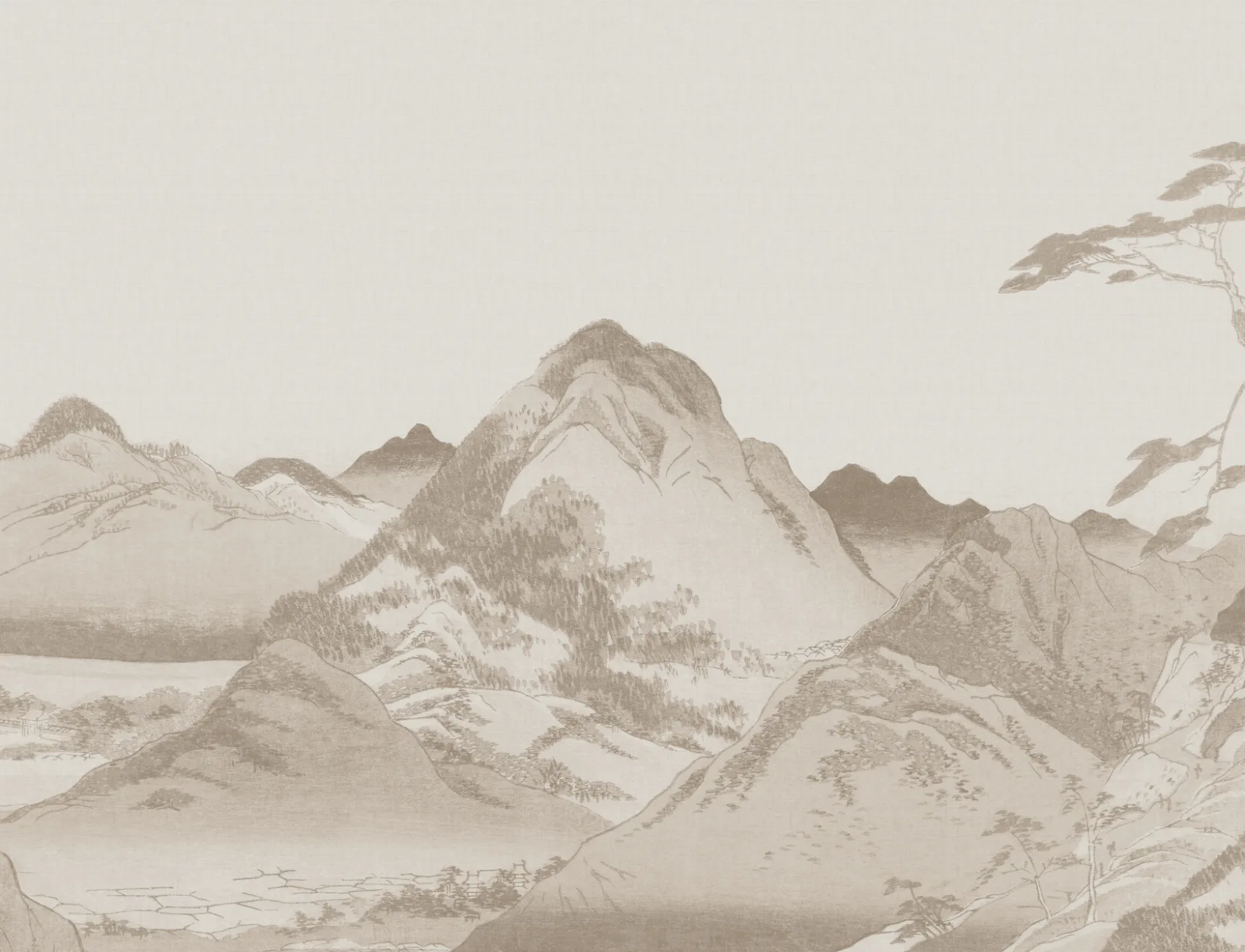 Scenic Beige Japanese Art Mountain Landscape Mural