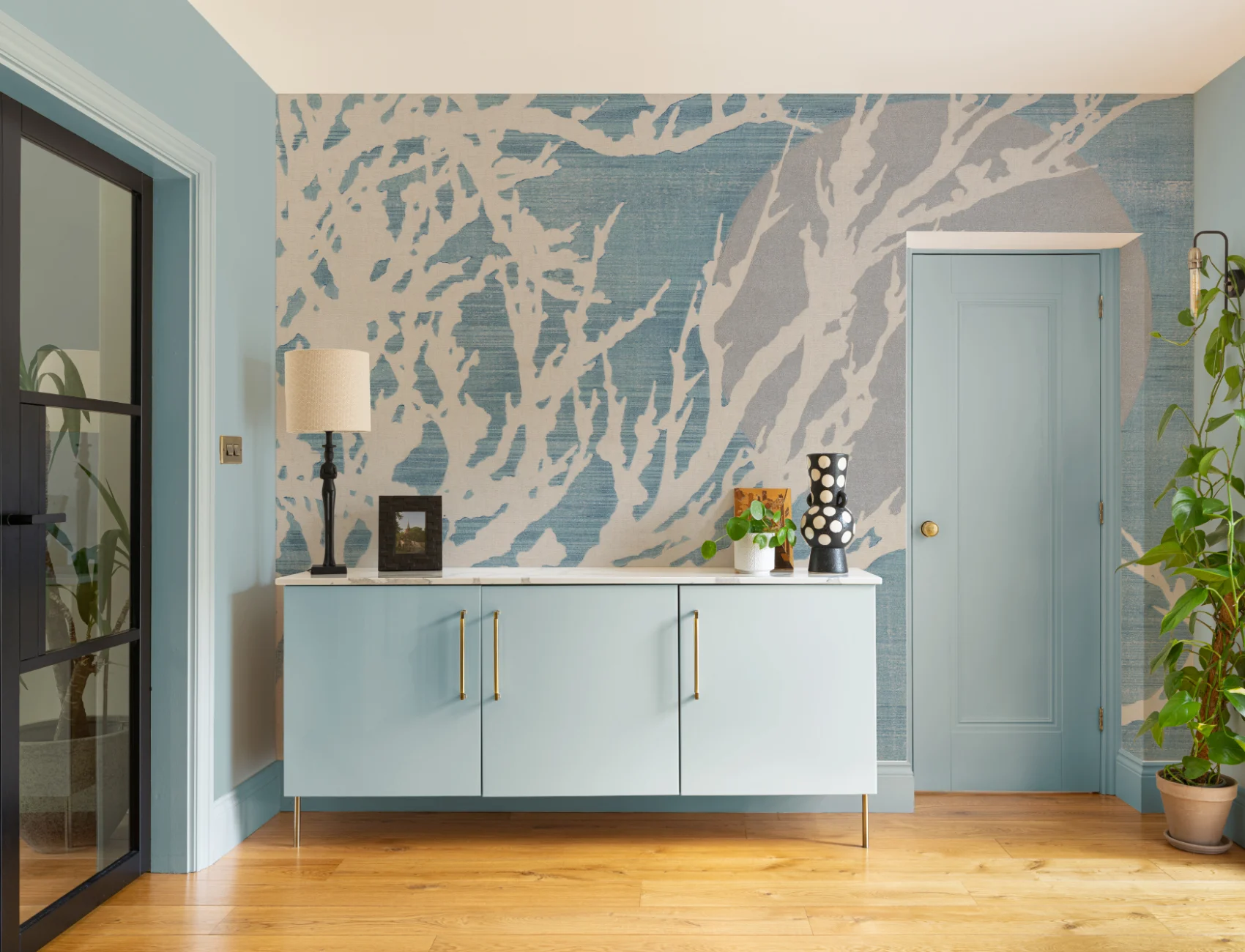 Blauwe Japanse Minimalistische Natuur Kunst Muurschildering