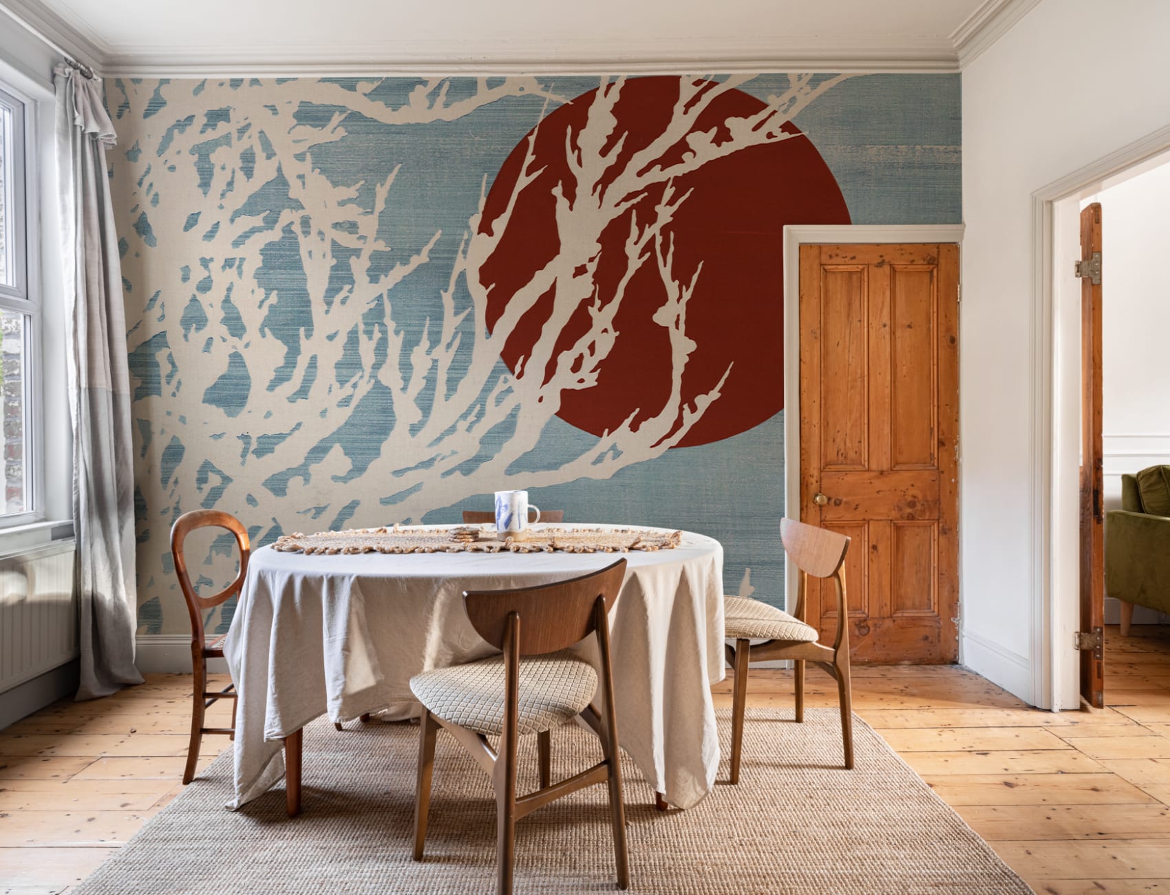 Blue and Red Japanese Artistic Nature Mural