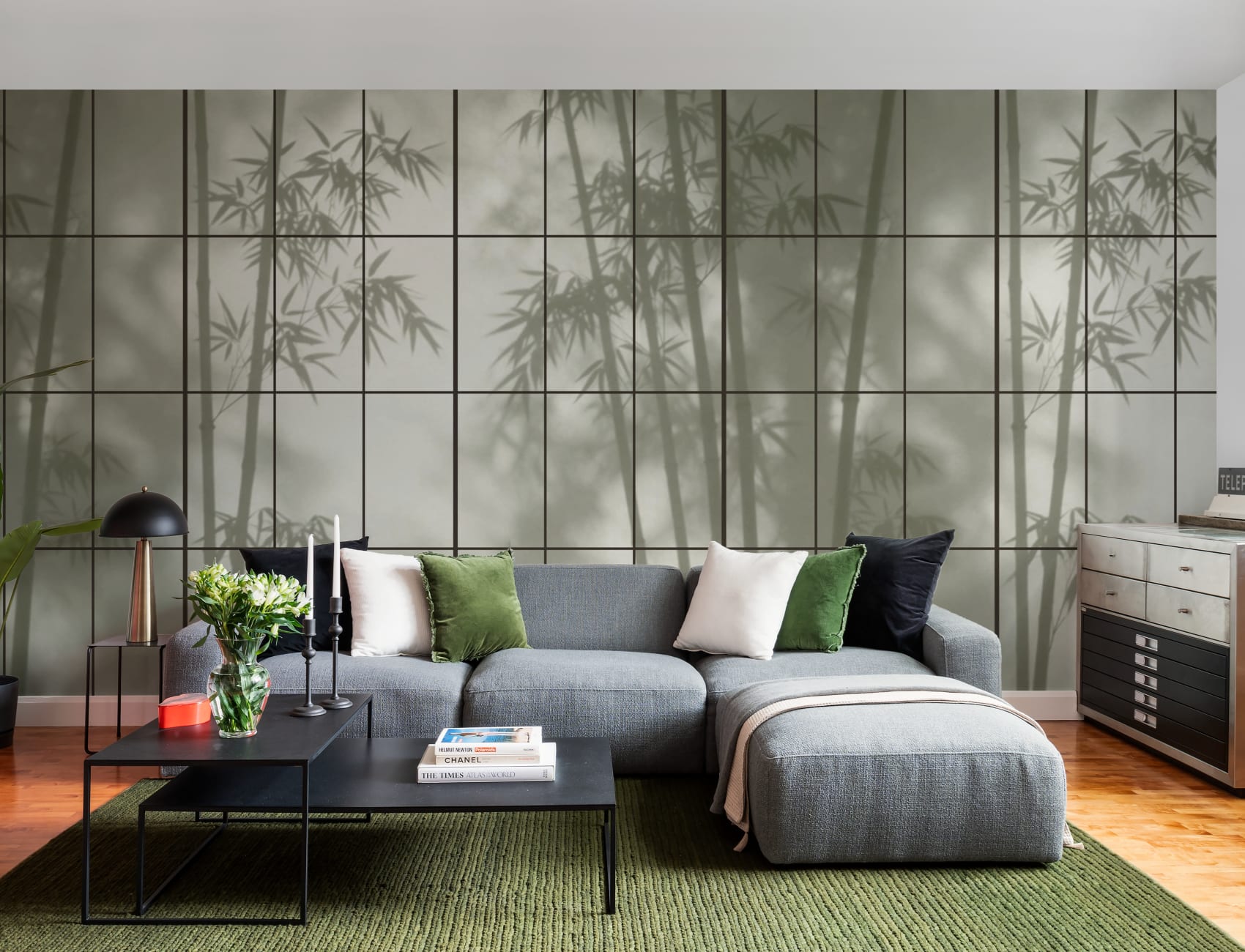 Green Bamboo Shoji Wall Mural For Serene Ambiance