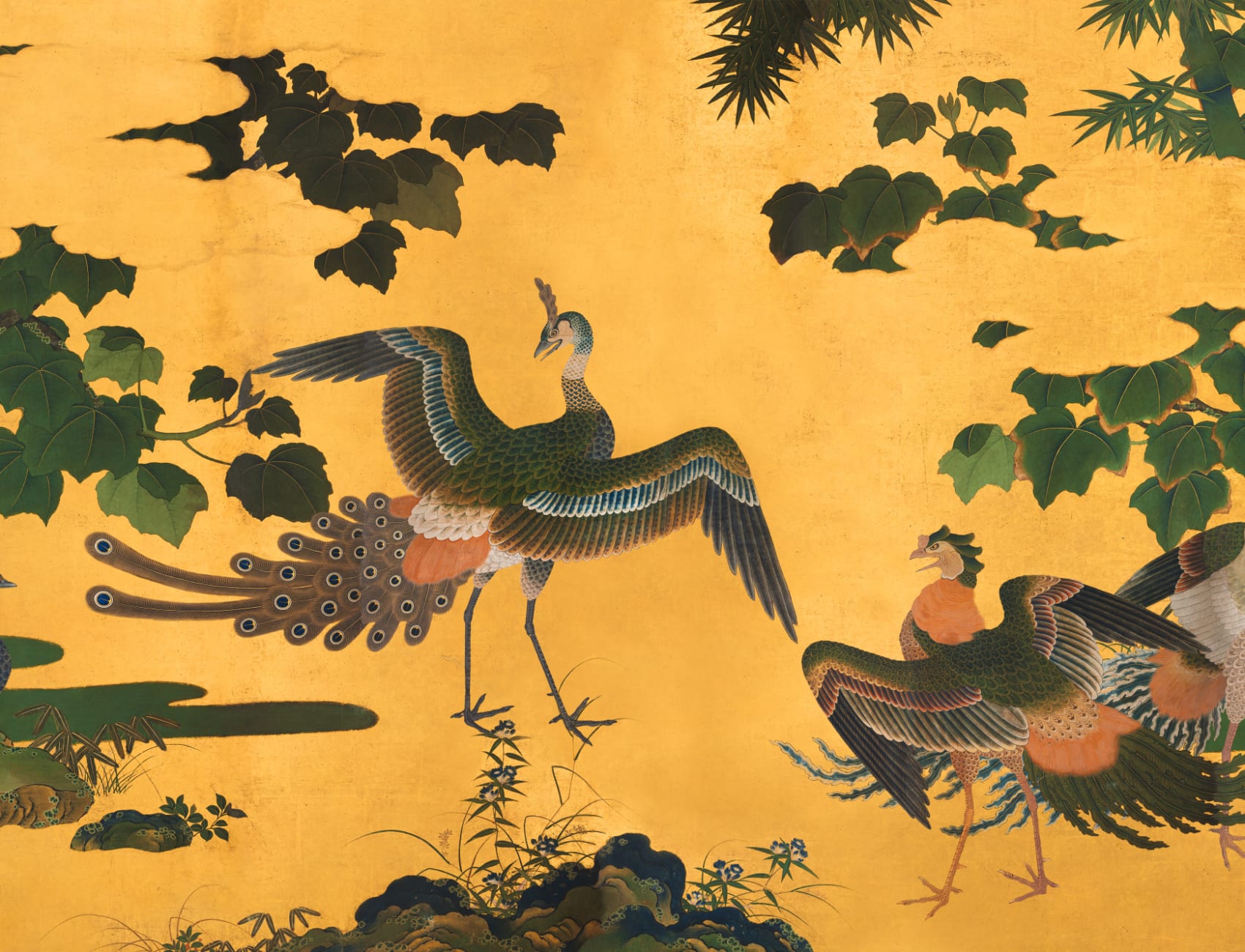 Yellow Illustrated Japanese Peacock Mural