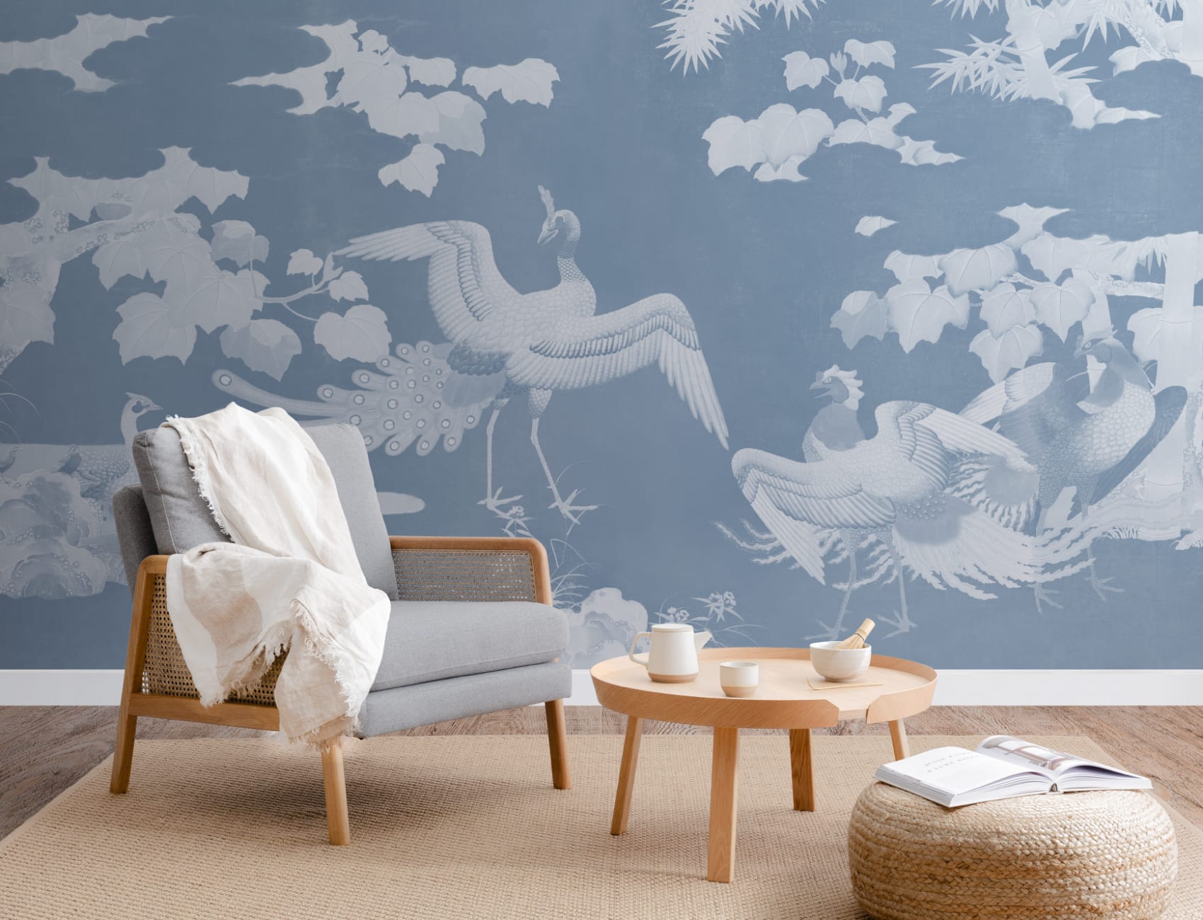 Blue Illustrated Japanese Peacock Mural