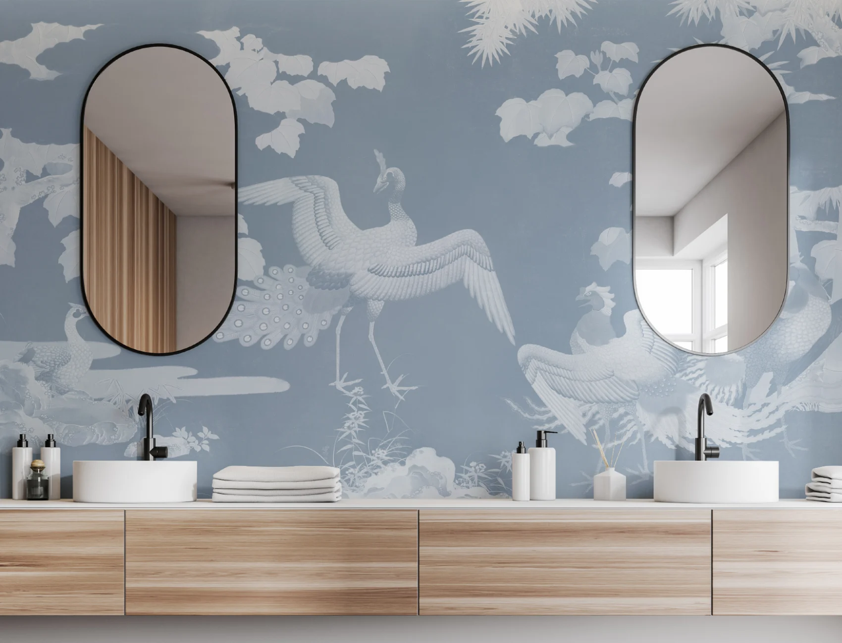 Blue Illustrated Japanese Peacock Mural