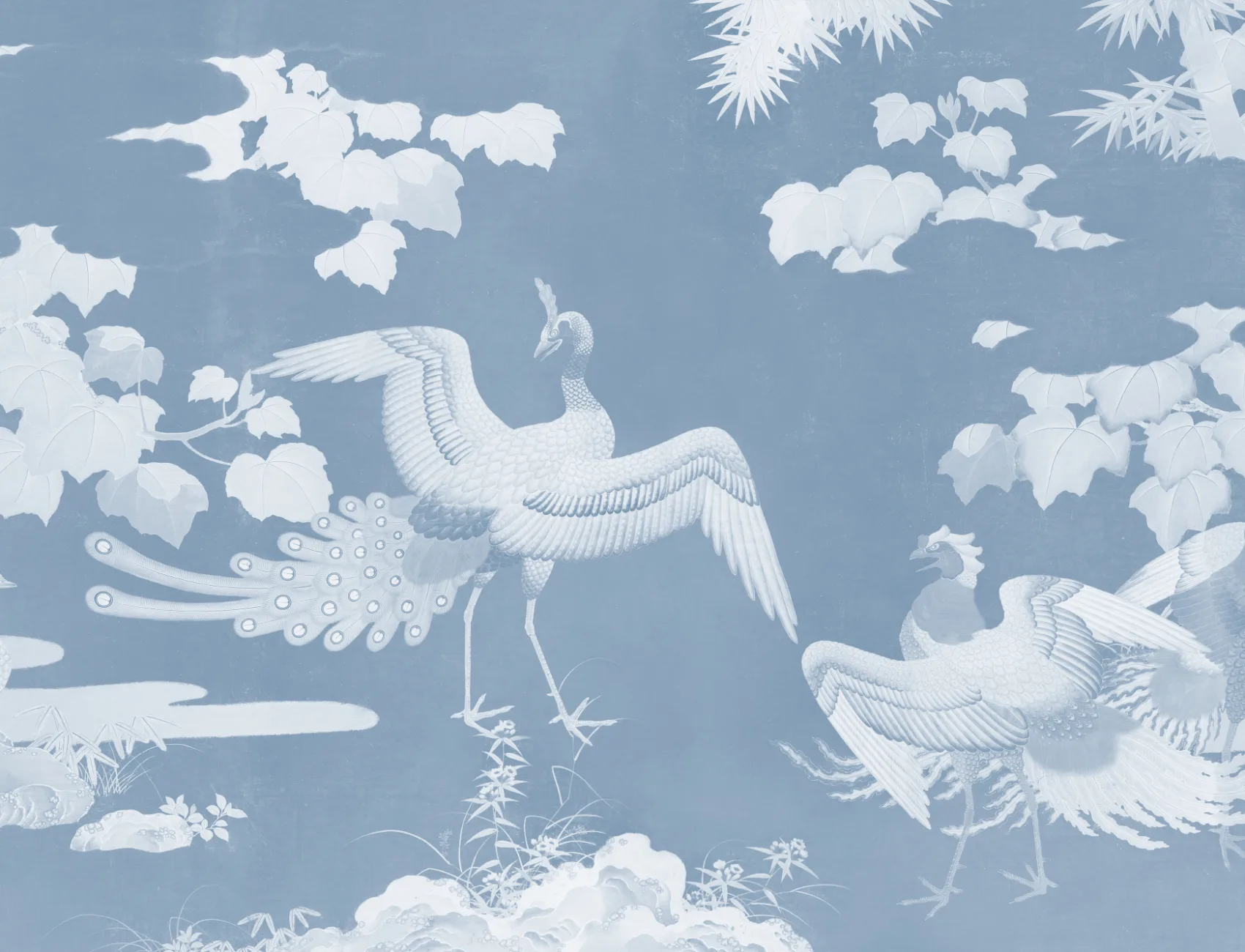 Blue Illustrated Japanese Peacock Mural