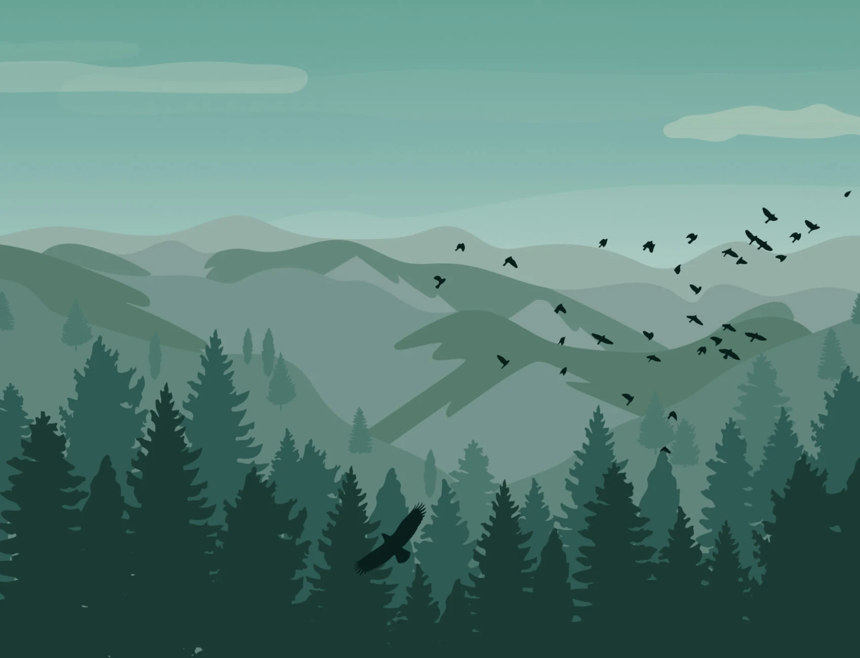Illustrated Green Landscape Wallpaper Mural
