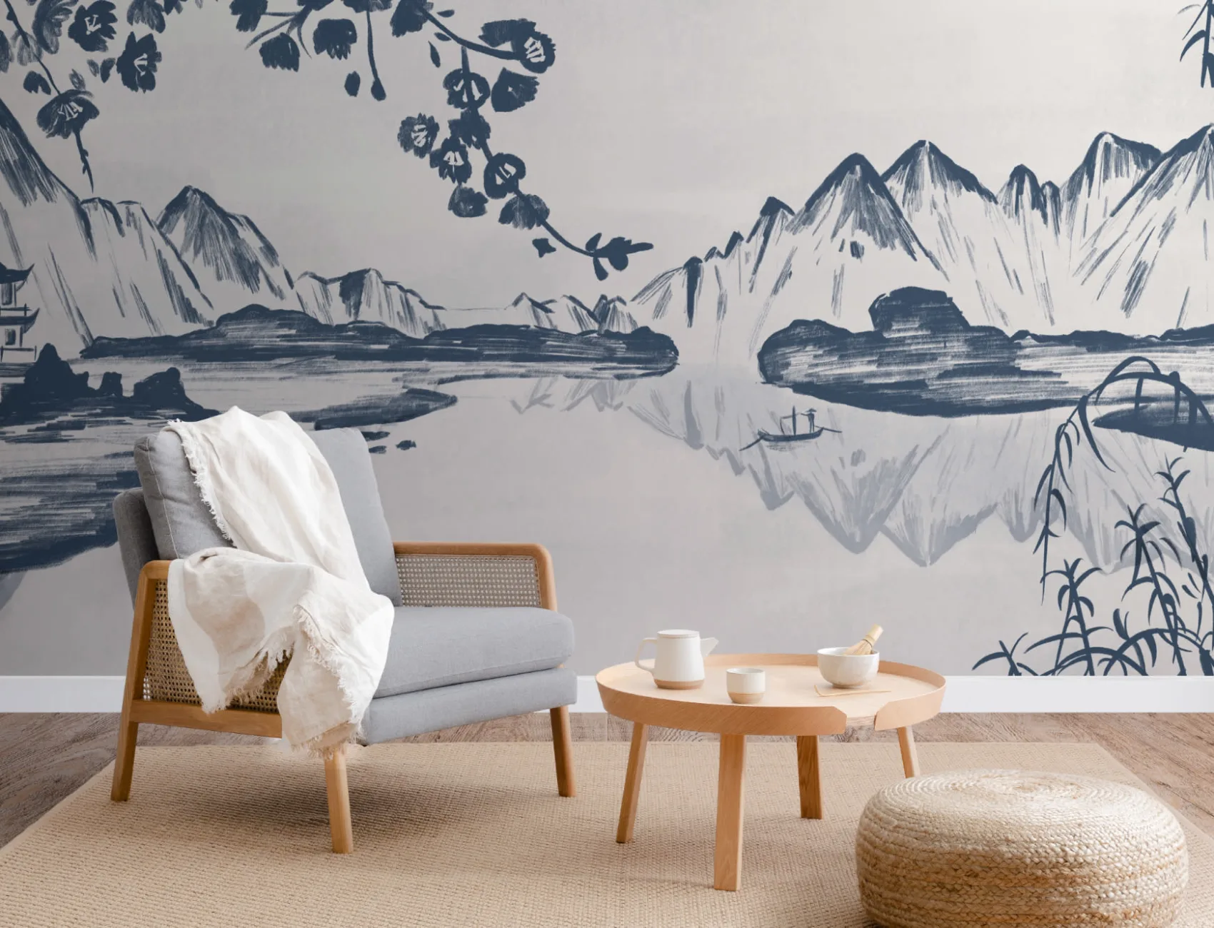 Mural Papel Pintado de China con Montañas y Lago de Tinta Azul