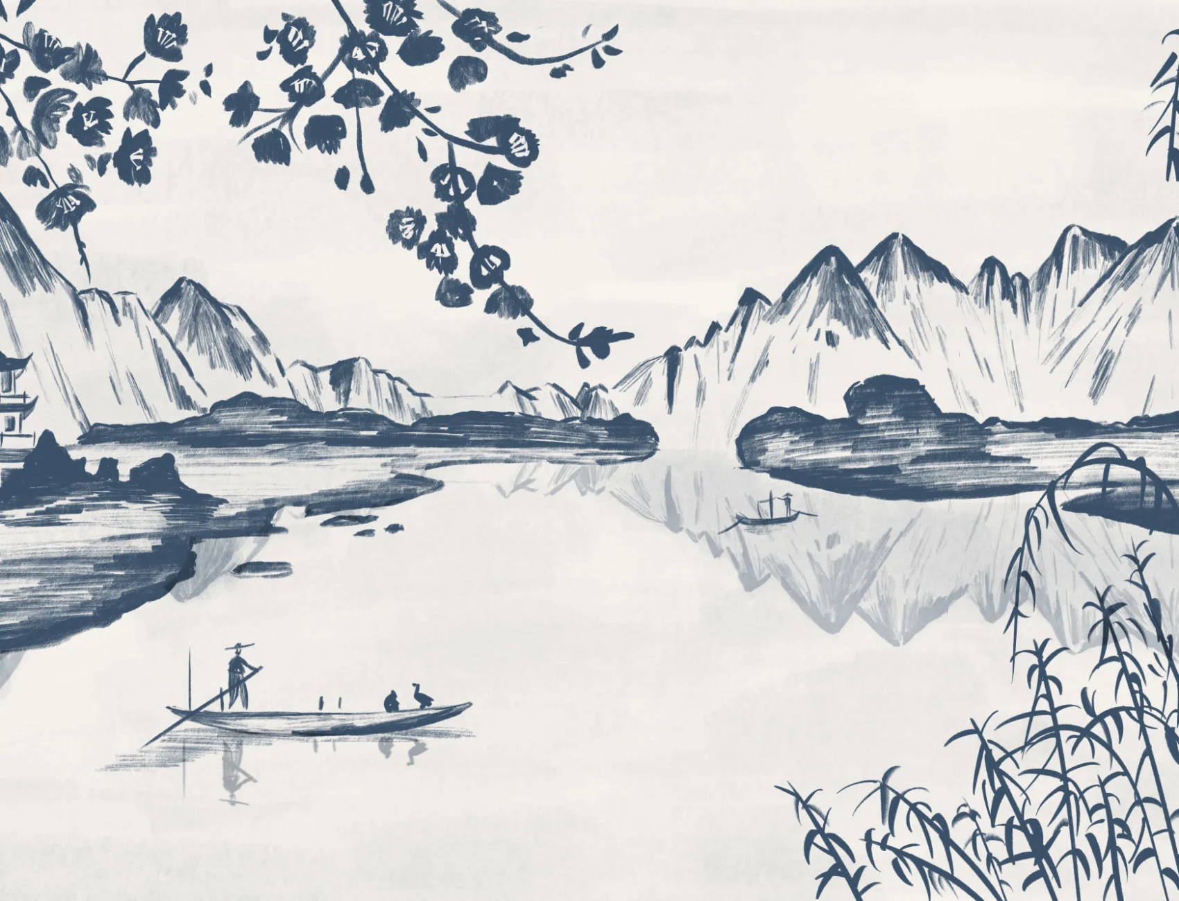 Mural Papel Pintado de China con Montañas y Lago de Tinta Azul