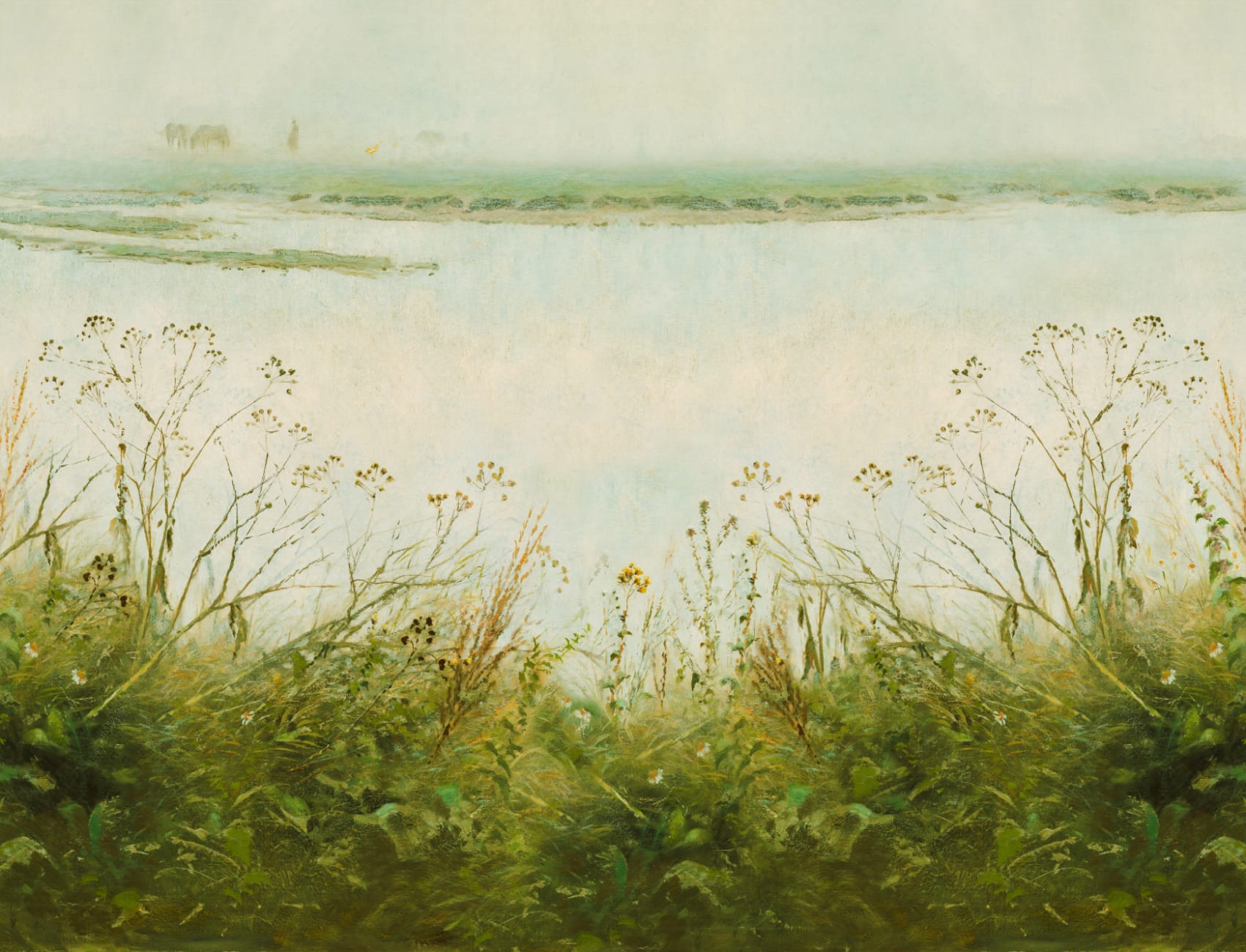 Riverbank Grassland Wall Mural in Fresh Green