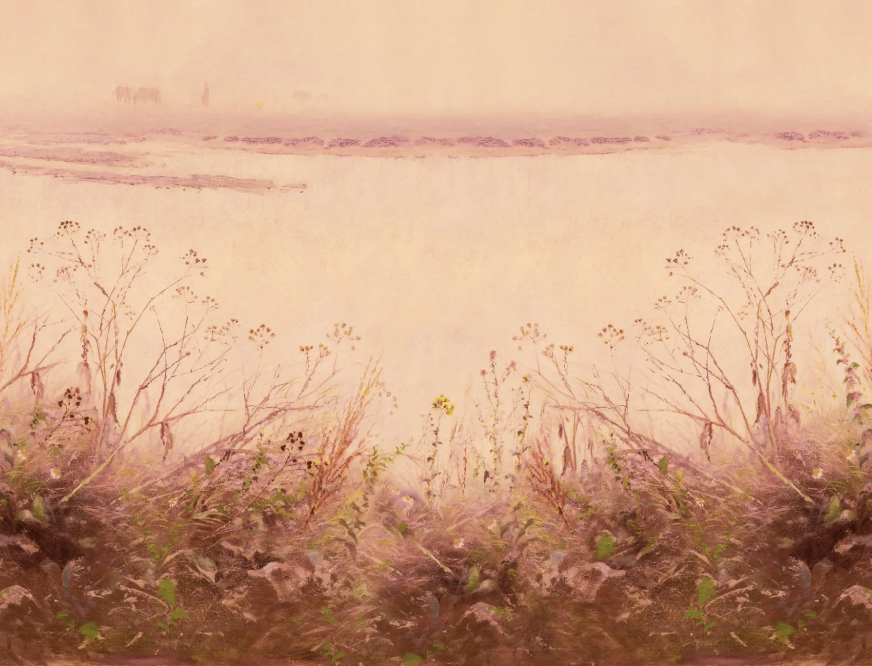 Carta da parati Riverbank Grassland in Sunset Glow (Luce del tramonto)