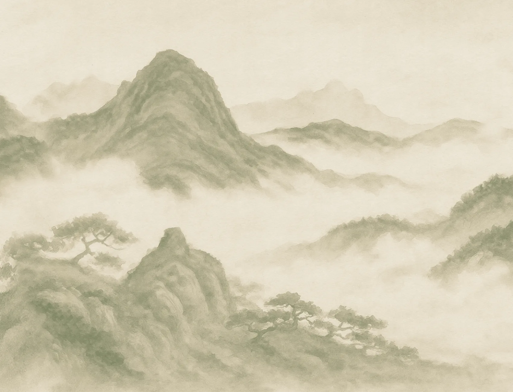 Groen sereen landschap aquarel natuur muurschildering