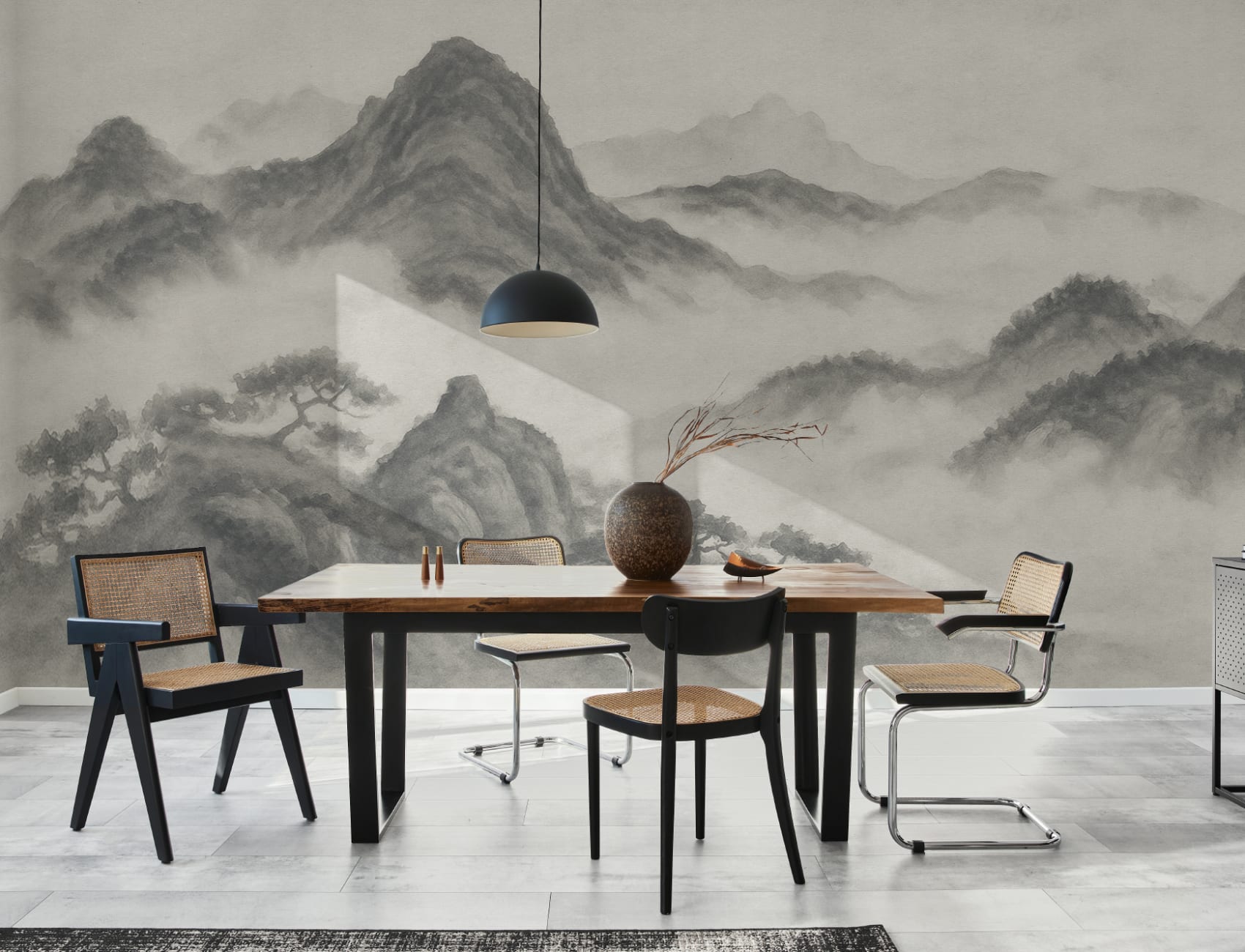 Mural de parede de paisagem de montanha japonesa a carvão