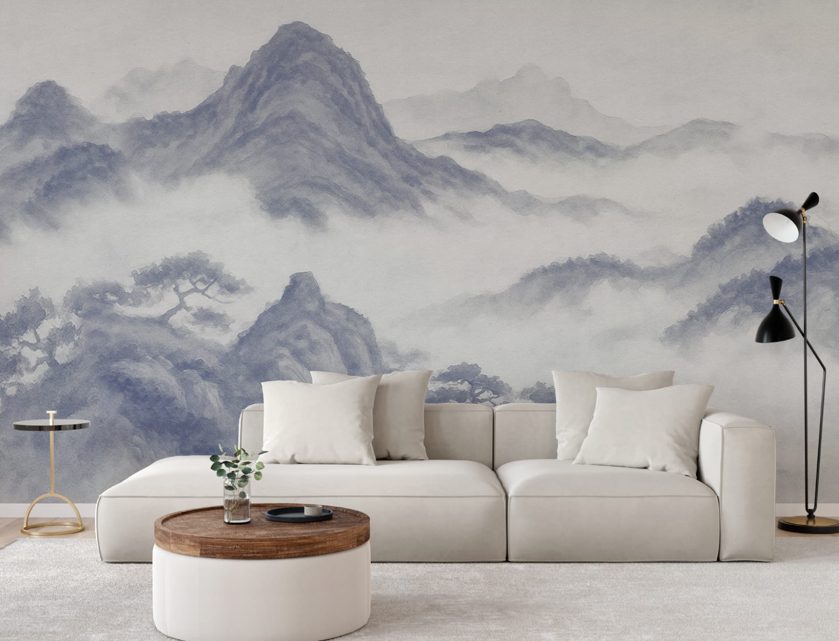 Indigo Japanese Mountain Landscape Wall Mural for Elegance