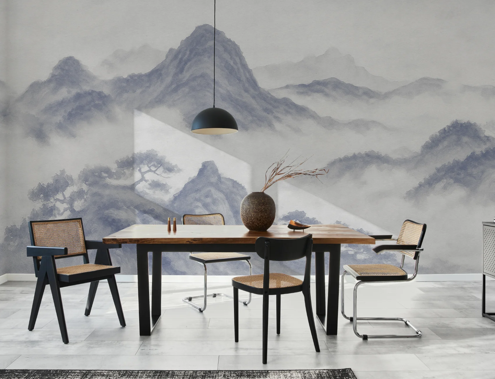 Indigo Japanese Mountain Landscape Wall Mural for Elegance