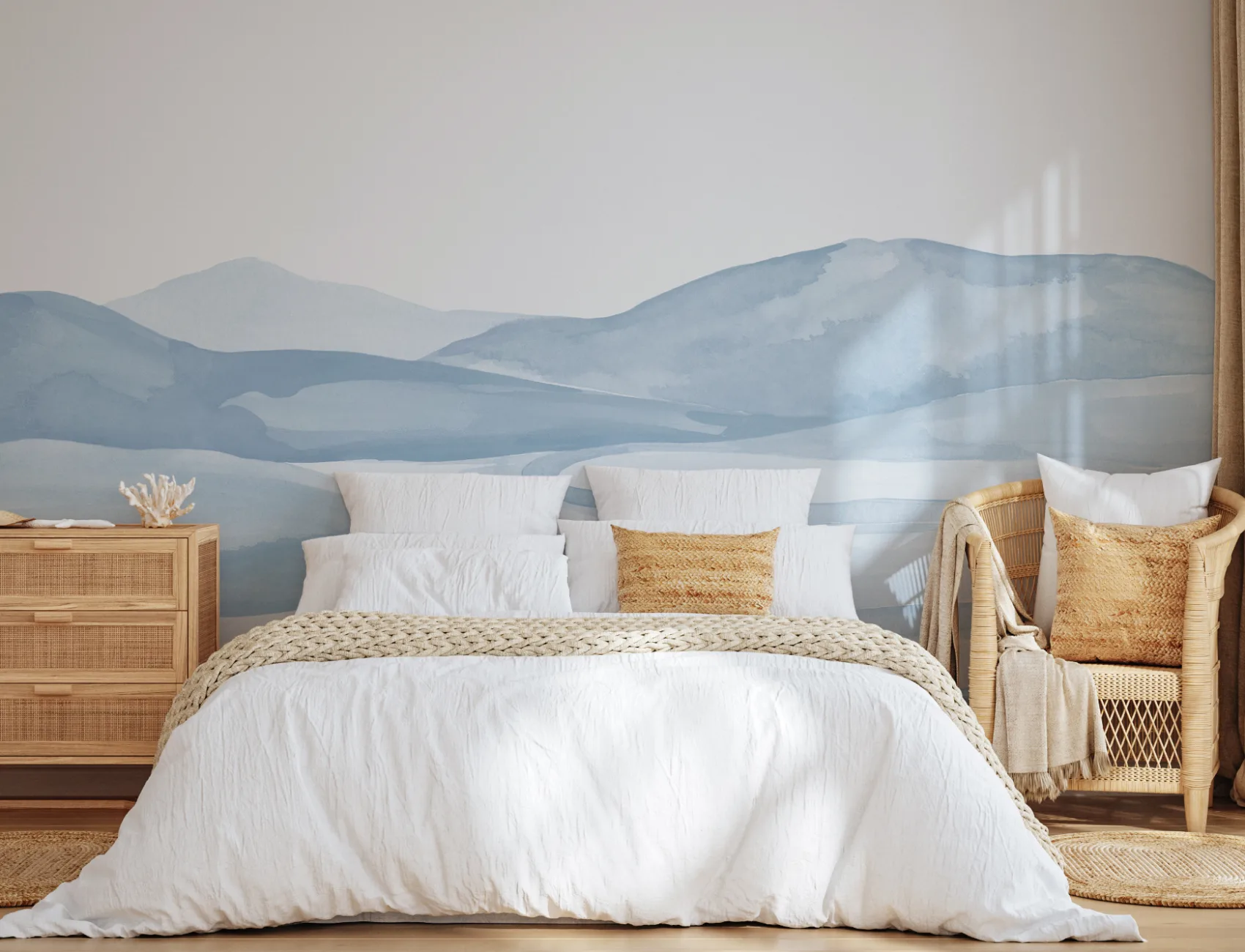 Blue Watercolor Valley Landscape Mural