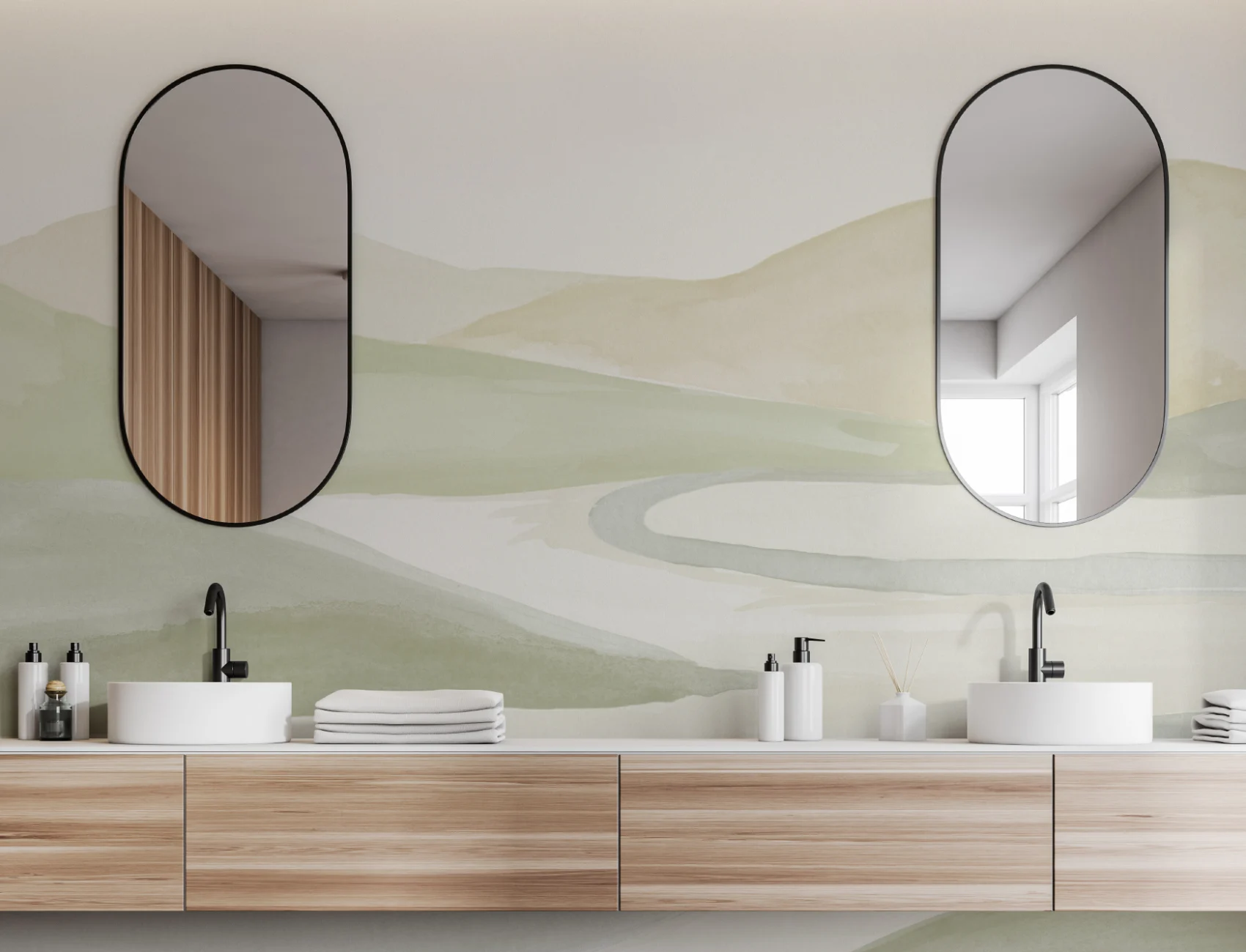 Papel pintado Acuarela verde Paisaje del valle
