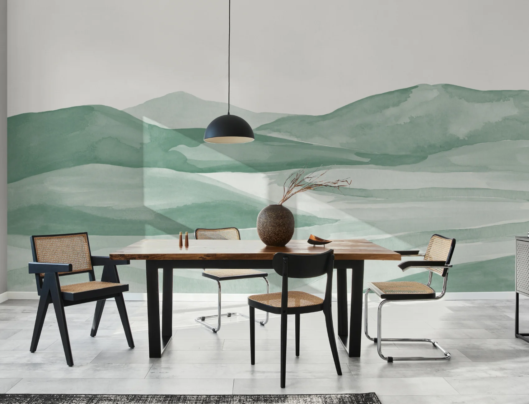 Dark Green Watercolor Valley Landscape Mural