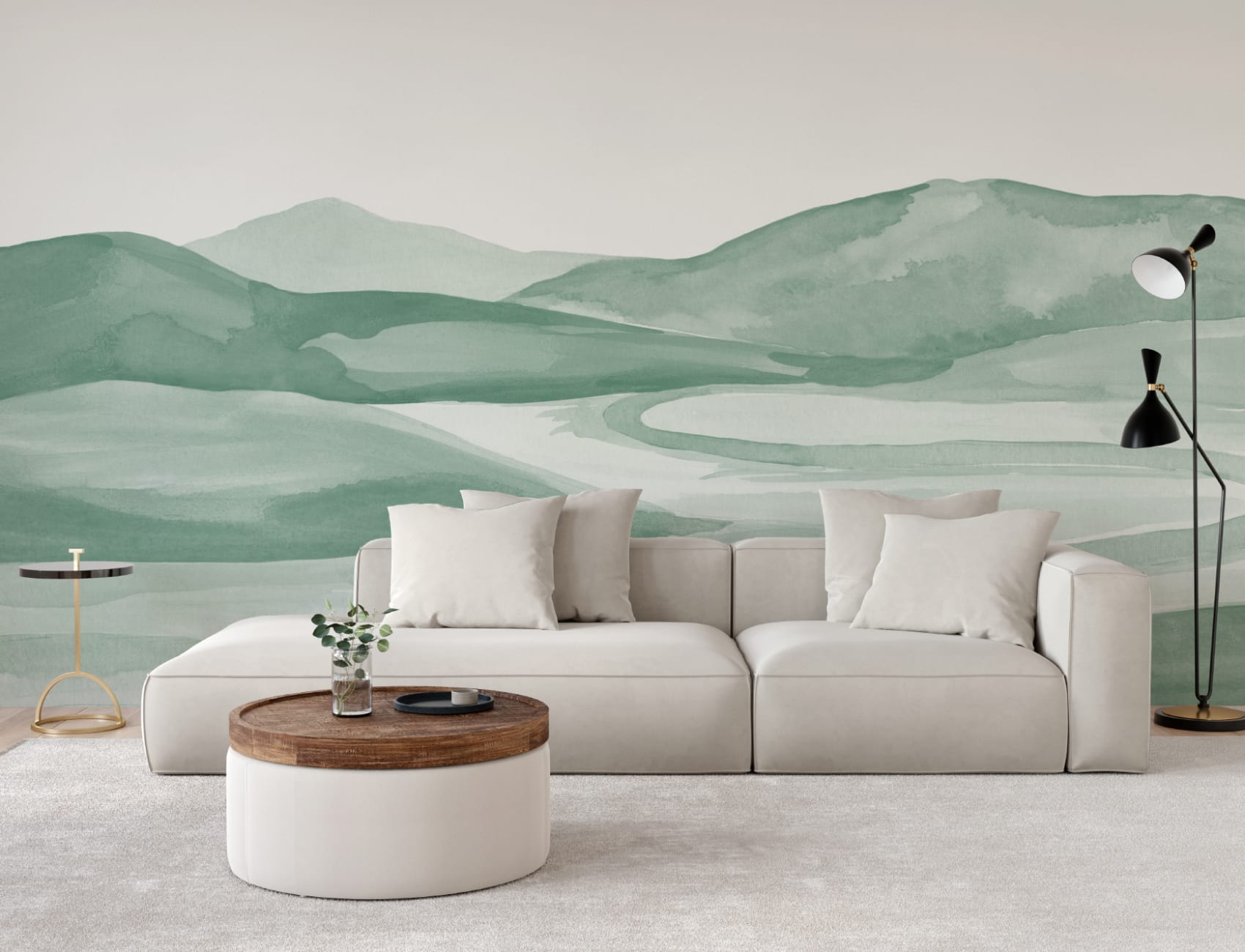 Dark Green Watercolor Valley Landscape Mural